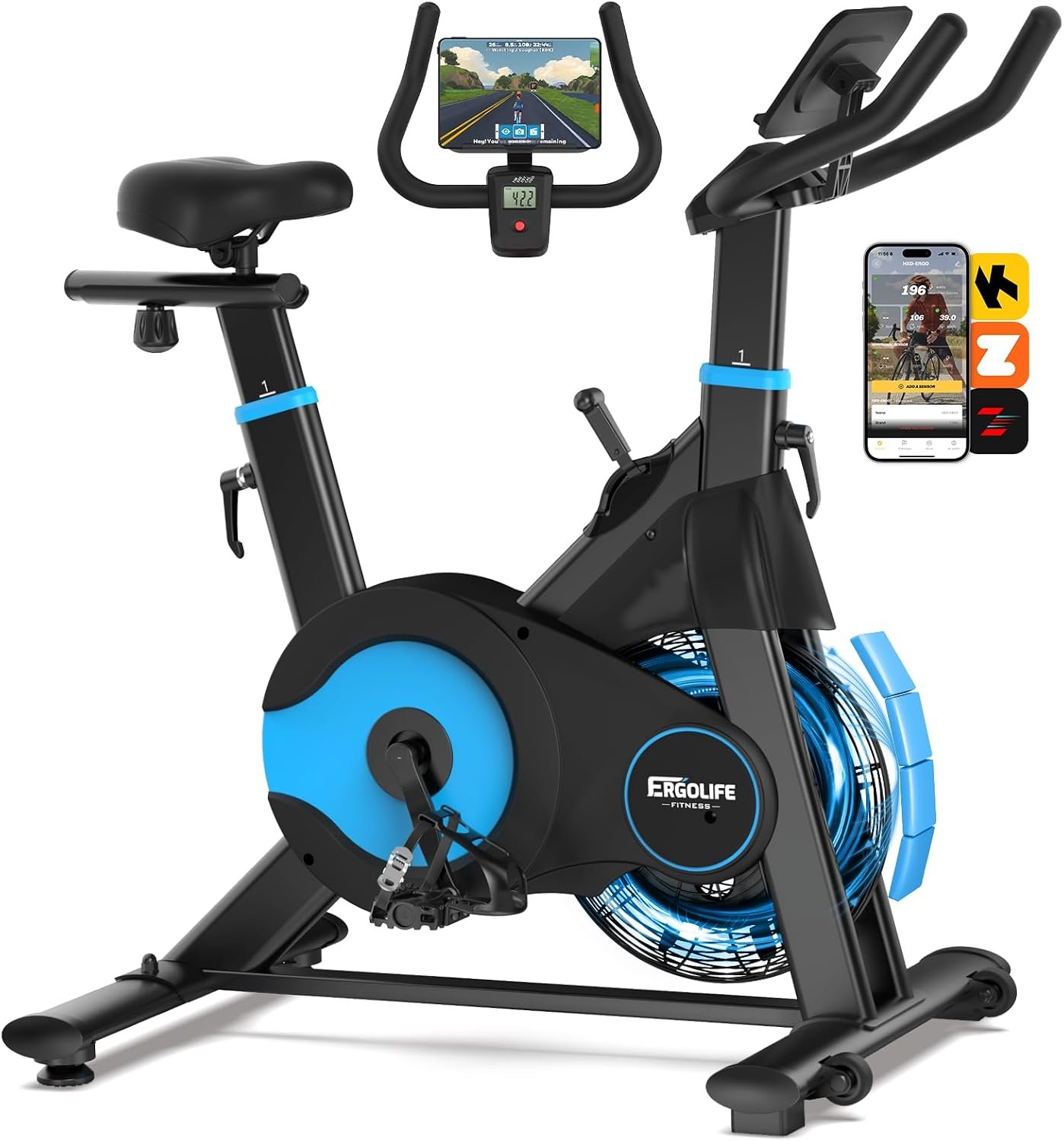 ERGOLIFE Air & Magnetic Resistance Exercise Bike, Compact Stationary Spin Bike for Home with Exclusive App, Indoor Cycling Bike for Cardio Workout, 300lbs Weight Capacity, Tablet Holder & Low Noise
