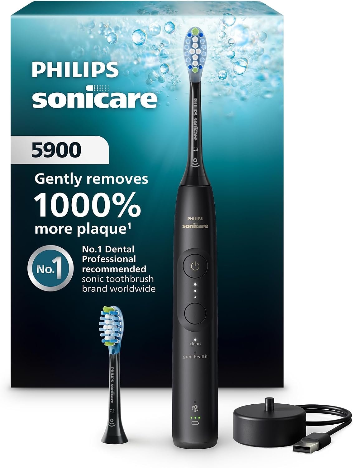 Philips Sonicare 5900 Rechargeable Electric Toothbrush, 2 Brush Head, Black | 1000% More Plaque Removal¹, Pressure Sensor, 6 Brush Settings, 21-Day Battery, 2-Minute Guided Timer, HX7131/02