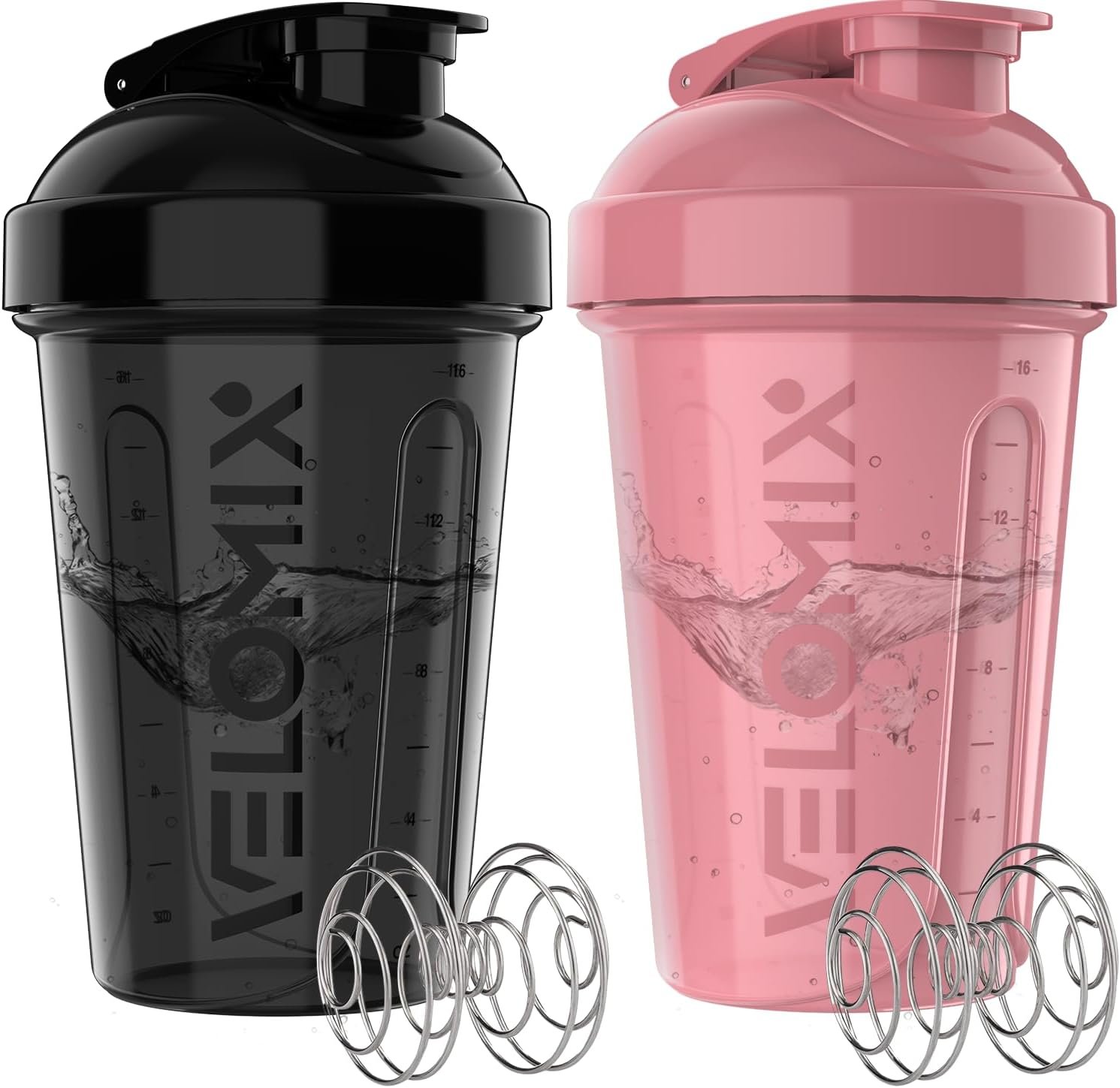 VELOMIX 2 Pack 20oz Protein Shaker Bottle for Protein Mixes, Pink/Black | 2x Wire Whisk, Leak Proof Shaker Cups for Protein Shakes, Stackable, Dishwasher safe, BPA free, Pre Workout and Gym ready