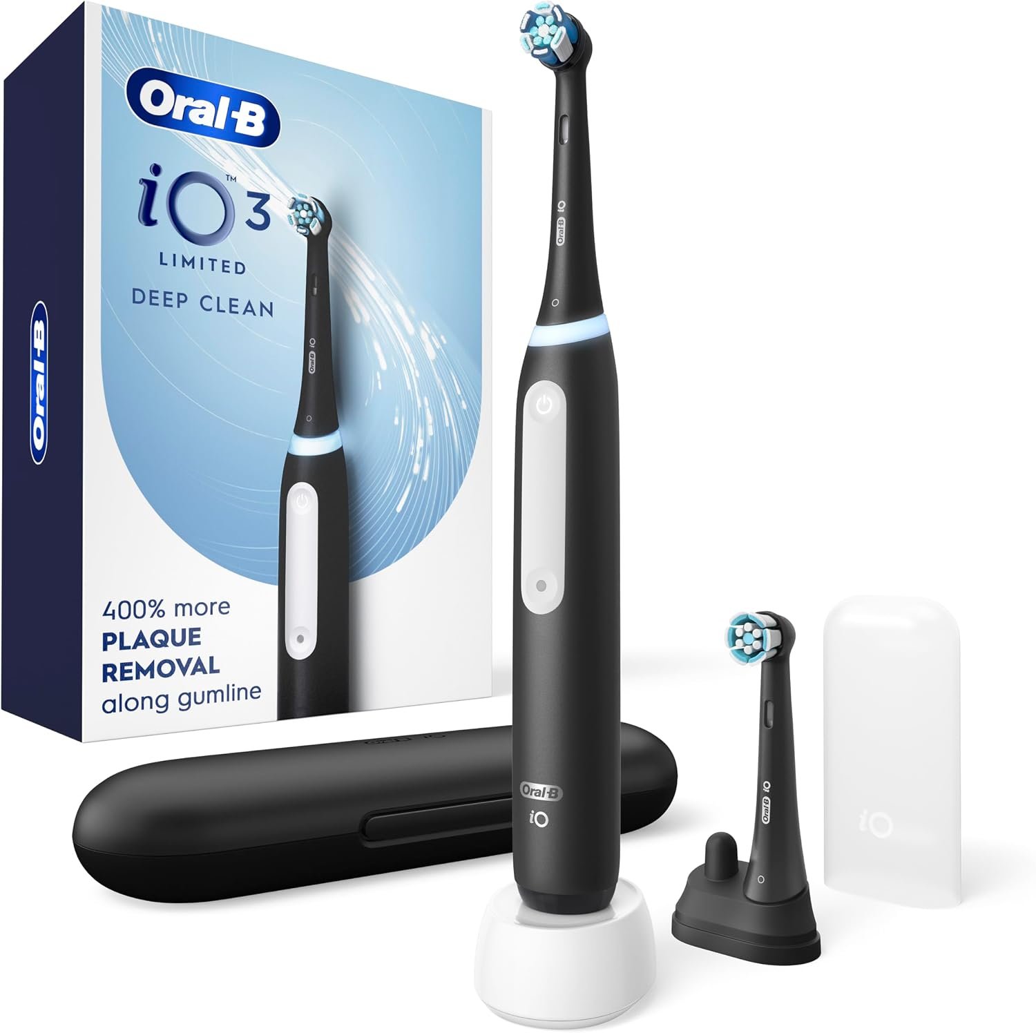 Oral-B iO Series 3 Limited Deep Clean Rechargeable Electric Toothbrush for Adults, Black, 3 Modes, Smart Pressure Sensor, Plaque Removal and Gum Care, 2 Replacement Brush Heads, Travel Case