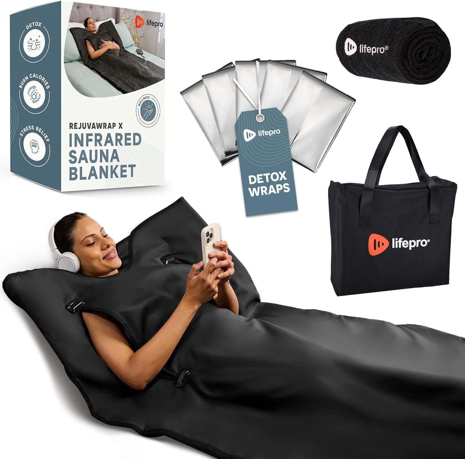LifePro RejuvaWrap Infrared Sauna Blanket with Low EMF and 9 Temp Levels | Features carbon fiber heating with detox wraps, waterproof interior, and storage carry bag for home wellness