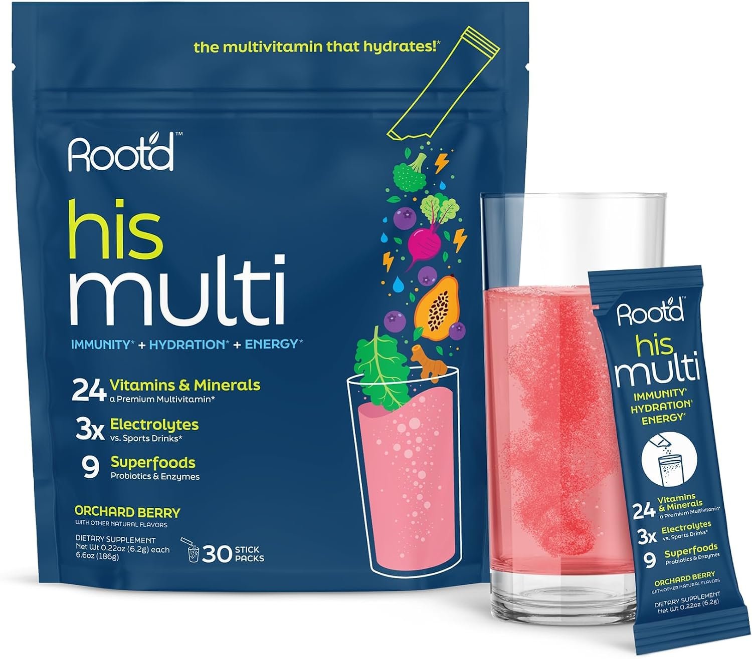Root’d Multivitamin Powder for Men – 24 Vitamins & Minerals with 3X Electrolytes, 9 Organic Superfoods, Probiotics & Enzymes, Sugar-Free Multivitamin & Hydration | 30 Vitamin Drink Mix Packets
