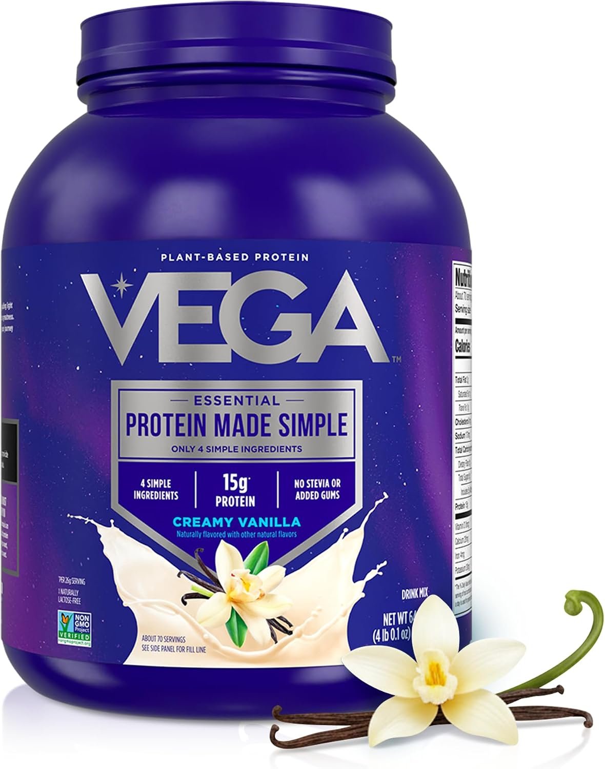 Vega Protein Made Simple Vanilla XL Value Tub (70 Servings) Stevia Free Vegan Protein Powder, Plant Based, Healthy, Gluten Free, Pea Protein for Women and Men, 4.01lbs