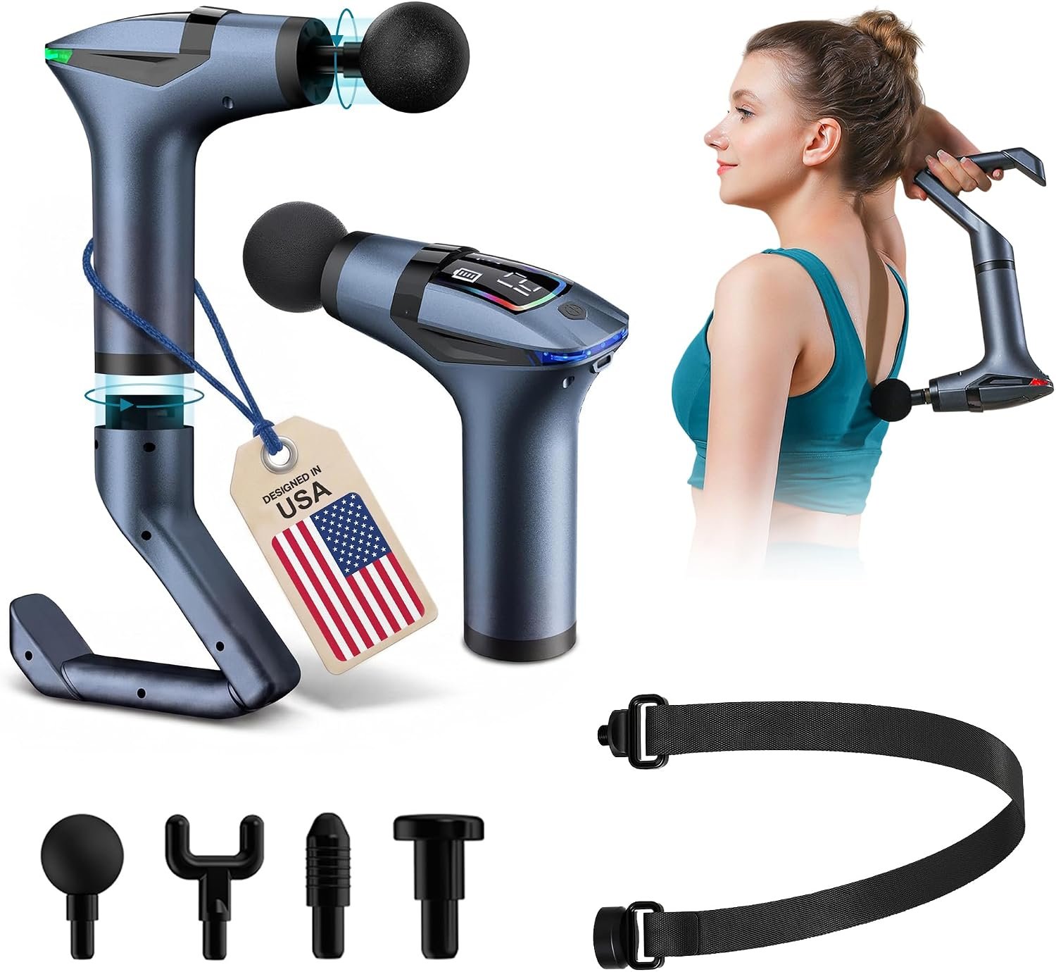 Extended Reach Massage Gun for Back Relief – Deep Tissue Percussion Massager with Handle & Massage Belt for Hard-to-Reach Areas, 12 Speeds & 4 Heads