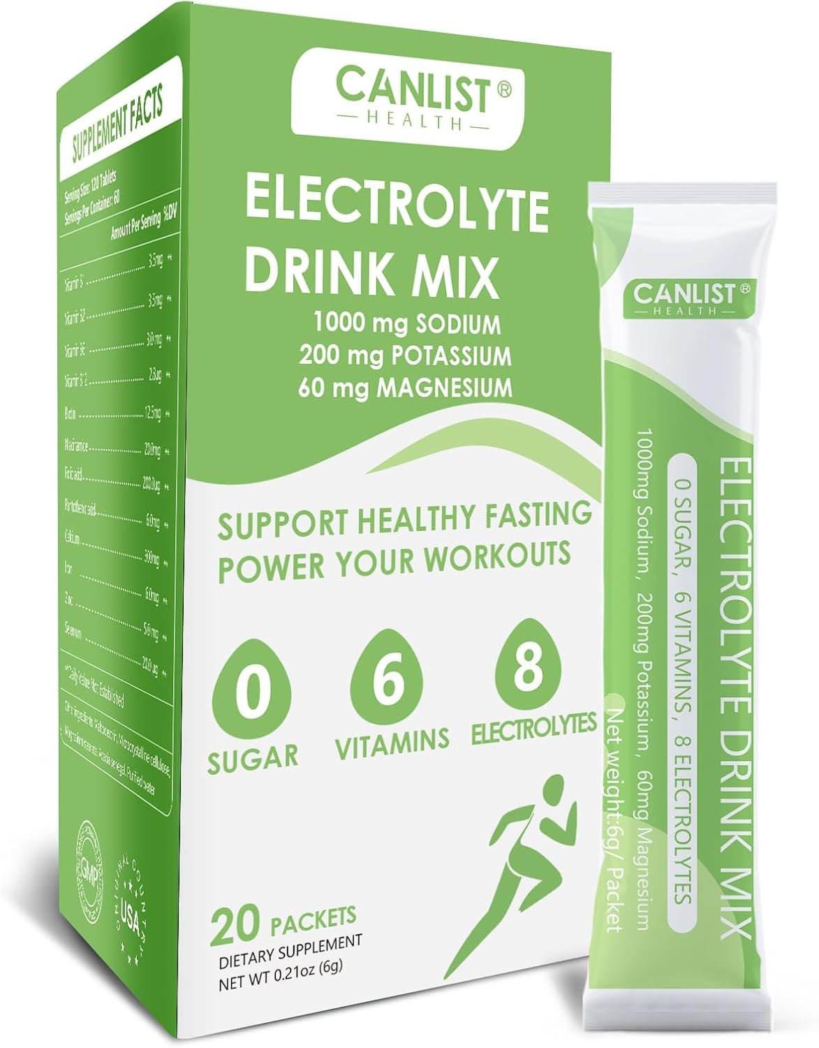CANLIST Electrolyte Powder – Sugar Free Hydration Drink Mix with Sodium, Potassium, Magnesium – Vegan Friendly, Zero Calorie Electrolytes Supplement for Energy & Recovery (20 Stick Packets)
