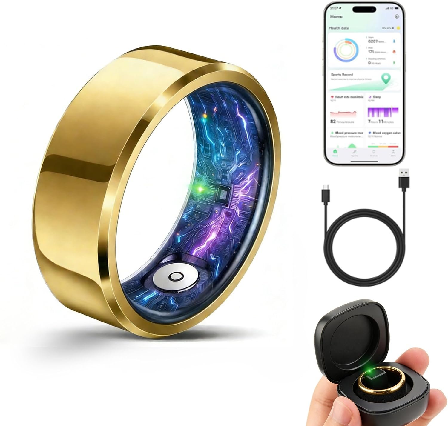 Smart Ring for Women & Men, Health & Fitness Tracker with Heart Rate/Sleep Monitoring/Blood Pressure, 5ATM Waterproof,Activity Trackers with Free App,Fitness Ring Birthday Gift(Size 10, Gold)