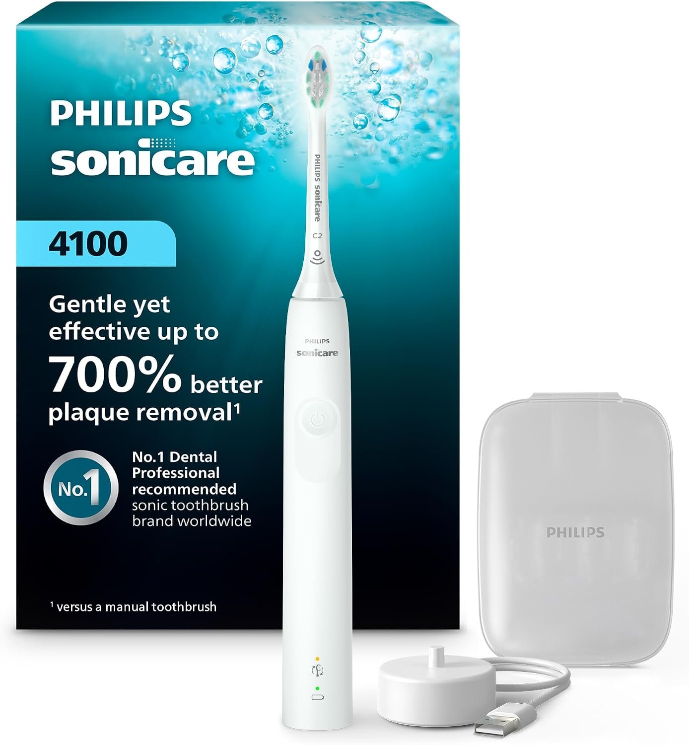 Philips Sonicare 4100 Rechargeable Electric Toothbrush, 1 Brush Head, White | 700% More Plaque Removal¹, Pressure Sensor, 2 Brush Settings, 14-Day Battery, Includes Brush Head Case, BD5002AZ
