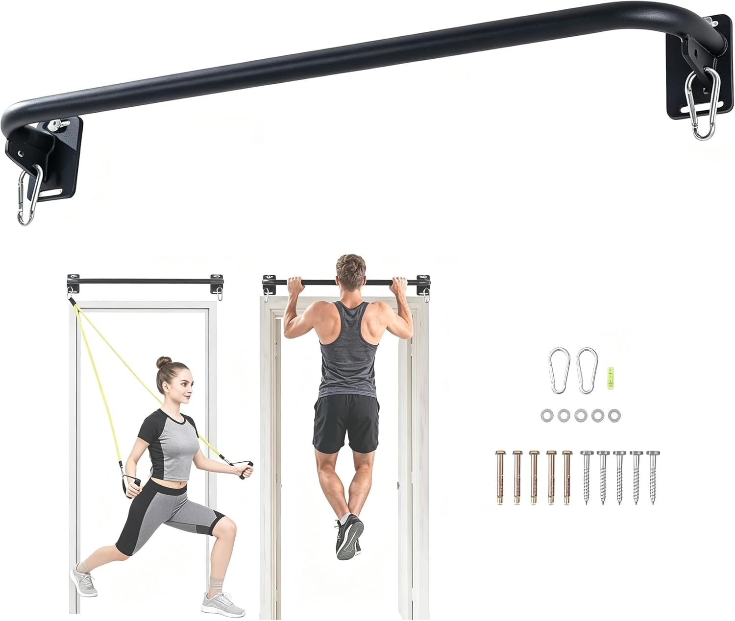 Wall Mounted Pull Up Bar, Carbon Steel Doorway Chin Up Bar for Home Gym | Reinforced plate supports fit joists and studs, creating a stable space-saving upper-body strength training station.