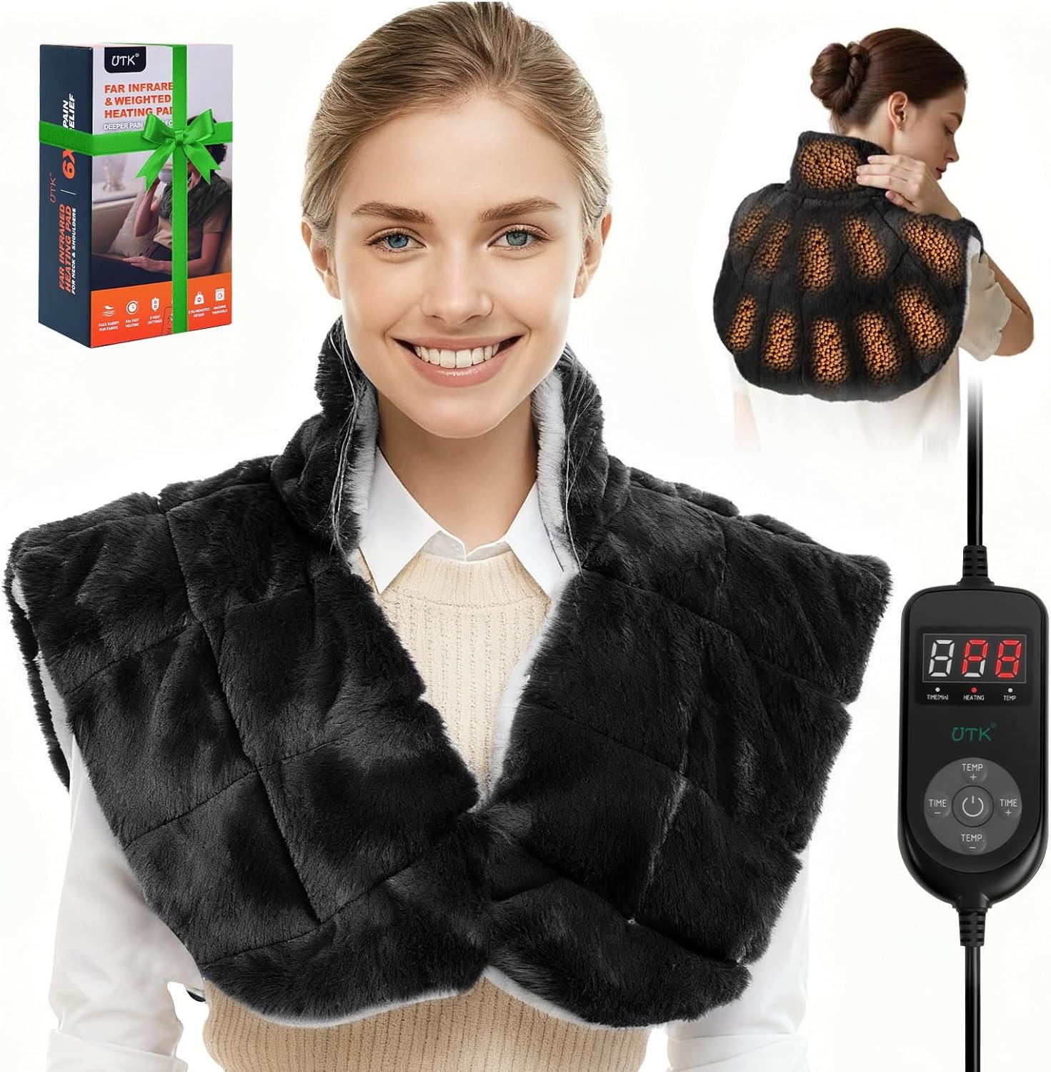 Weighted Far Infrared Heating Pad for Neck Shoulders & Back, 30S Fast Heat | 6X Far Infrared Pain Relief, Faux Rabbit Fur, 160°F Max Temp, 8 Heat Settings, 4H Auto-Off, Gifts for Men Women(24″ x 20″)