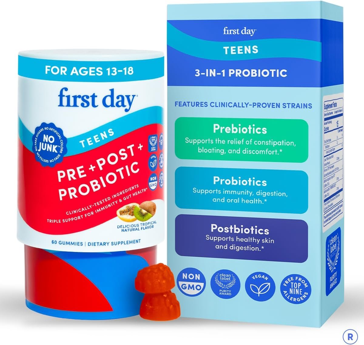 FIRST DAY Probiotic for Teens Ages 13-18, 3-in-1 Gummies, 60ct | Vegan teen probiotic gummies with prebiotics, postbiotics, kiwi and 1.5B CFU; tropical flavor, 2 daily for 30 days.