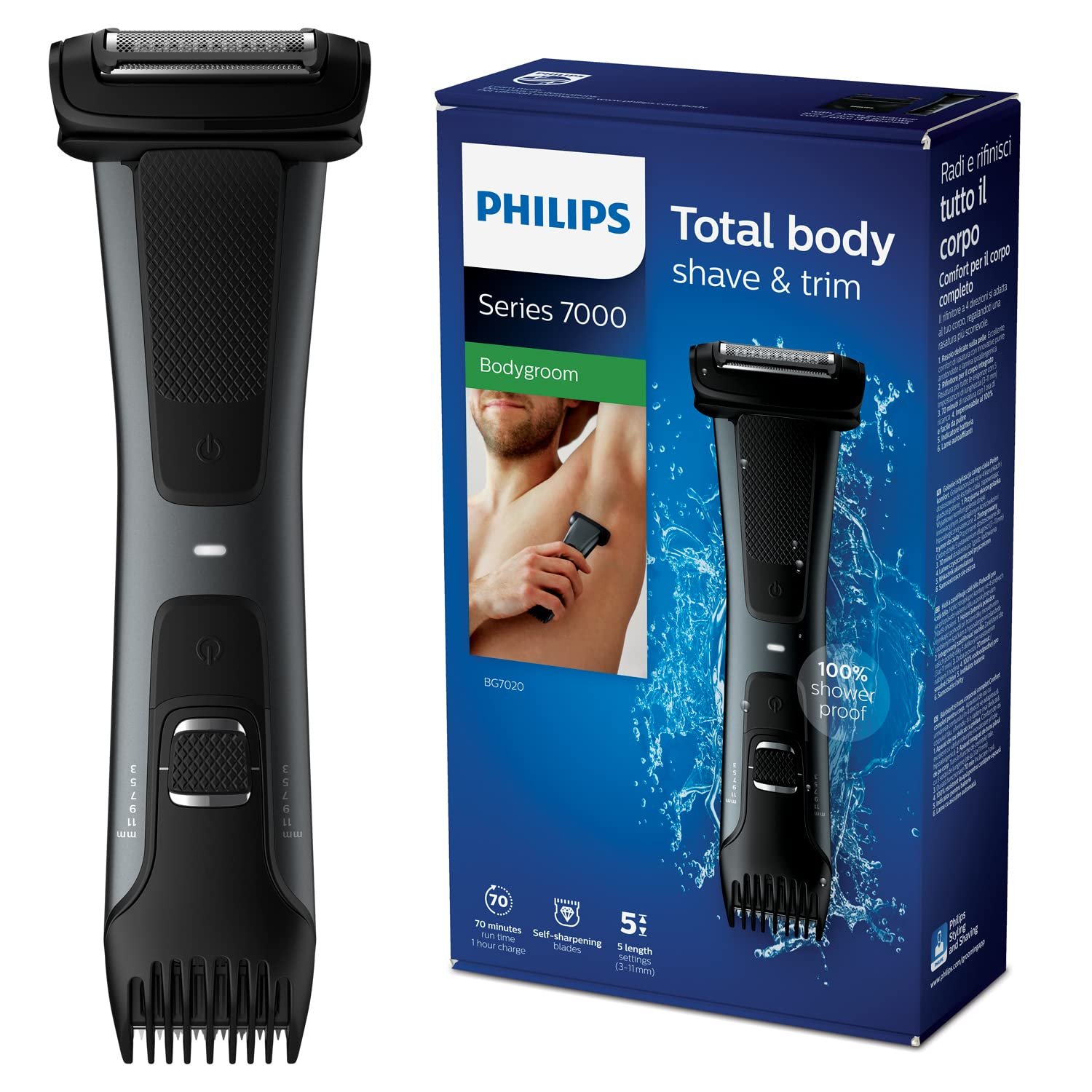 Philips Bodygroom 7000 Trimmer & Shaver Showerproof Groin and Body Trimmer Men’s Epilator Precise Body Grooming, Adjustable Comb for Above and Below The Belt