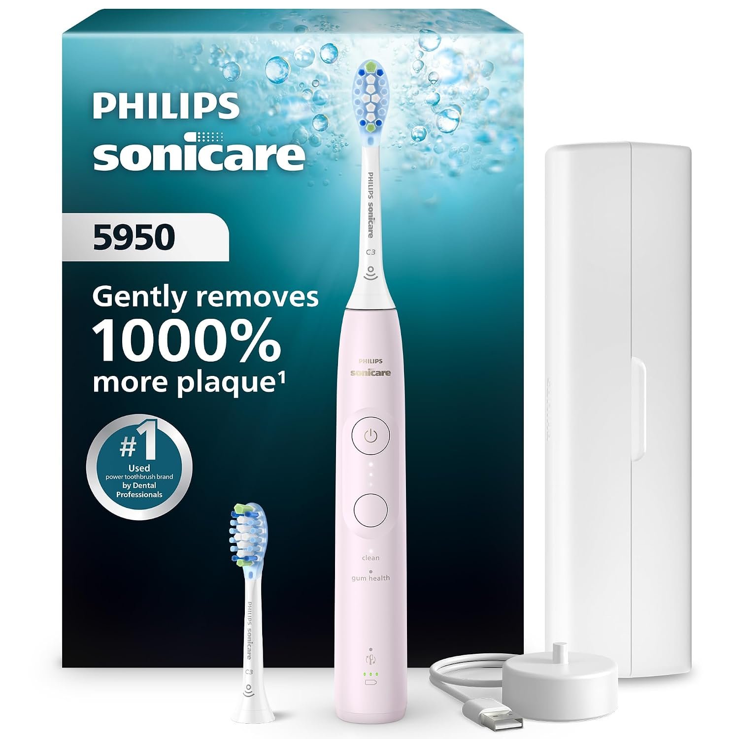 Philips Sonicare 5950 Rechargeable Electric Toothbrush, 2 Brush Heads, Pink | 1000% More Plaque Removal¹, Visual Pressure Sensor, 6 Brush Settings, 21-Day Battery, Includes Travel Case, HX7132/03