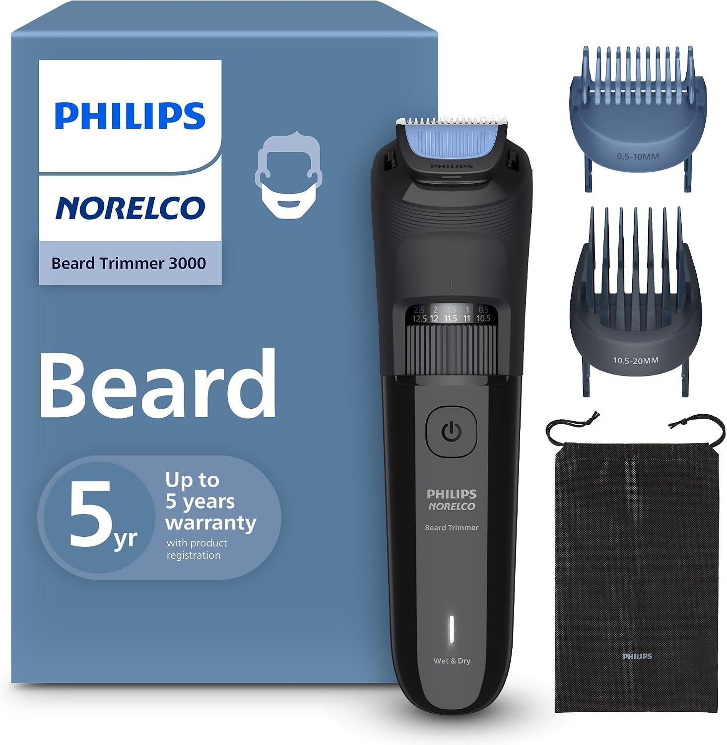Norelco Philips Beard Trimmer 3000, 40 Length Precision Dial, Black | Self-Sharpening Blades, Lift & Trim Combs, Precision Dial with 40 lengths, 100% Waterproof, 70-Min Runtime, BT3620/40