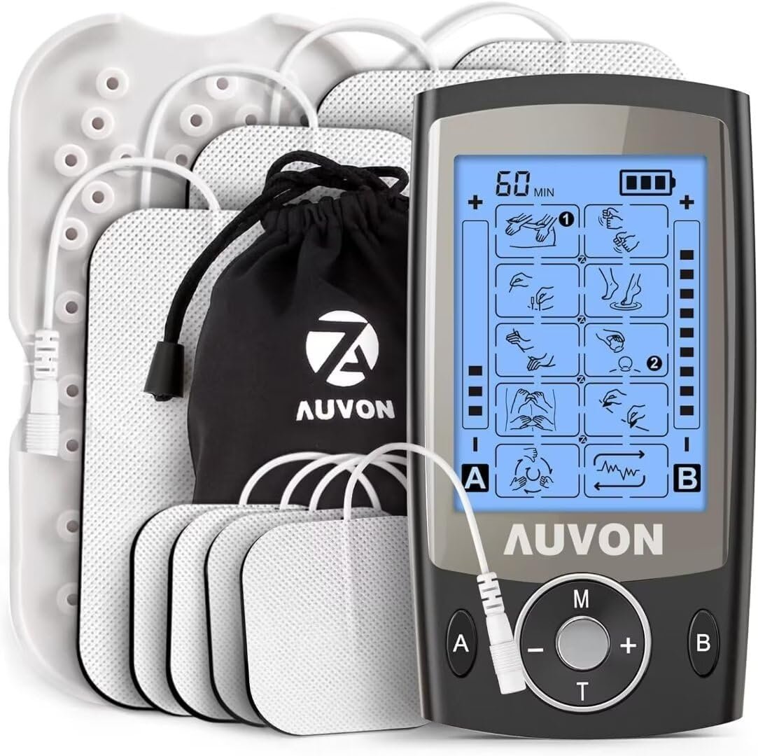 AUVON Dual Channel TENS Unit Muscle Stimulator Machine with 20 Modes, 2″ and 2″x4″ TENS Unit Electrode Pads