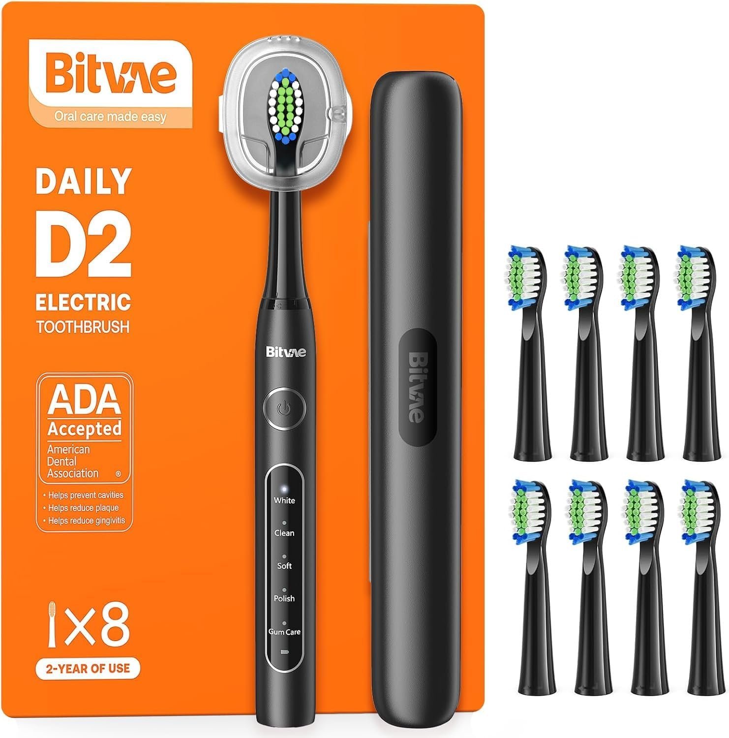 Bitvae ADA Accepted Electric Toothbrush, 60-Day Battery Travel Toothbrush | Adults and Kids, 5 Modes, 8 Heads, Travel Case & Holder, Rechargeable Power, Smart Timer, IPX7 Waterproof, Shadow Black