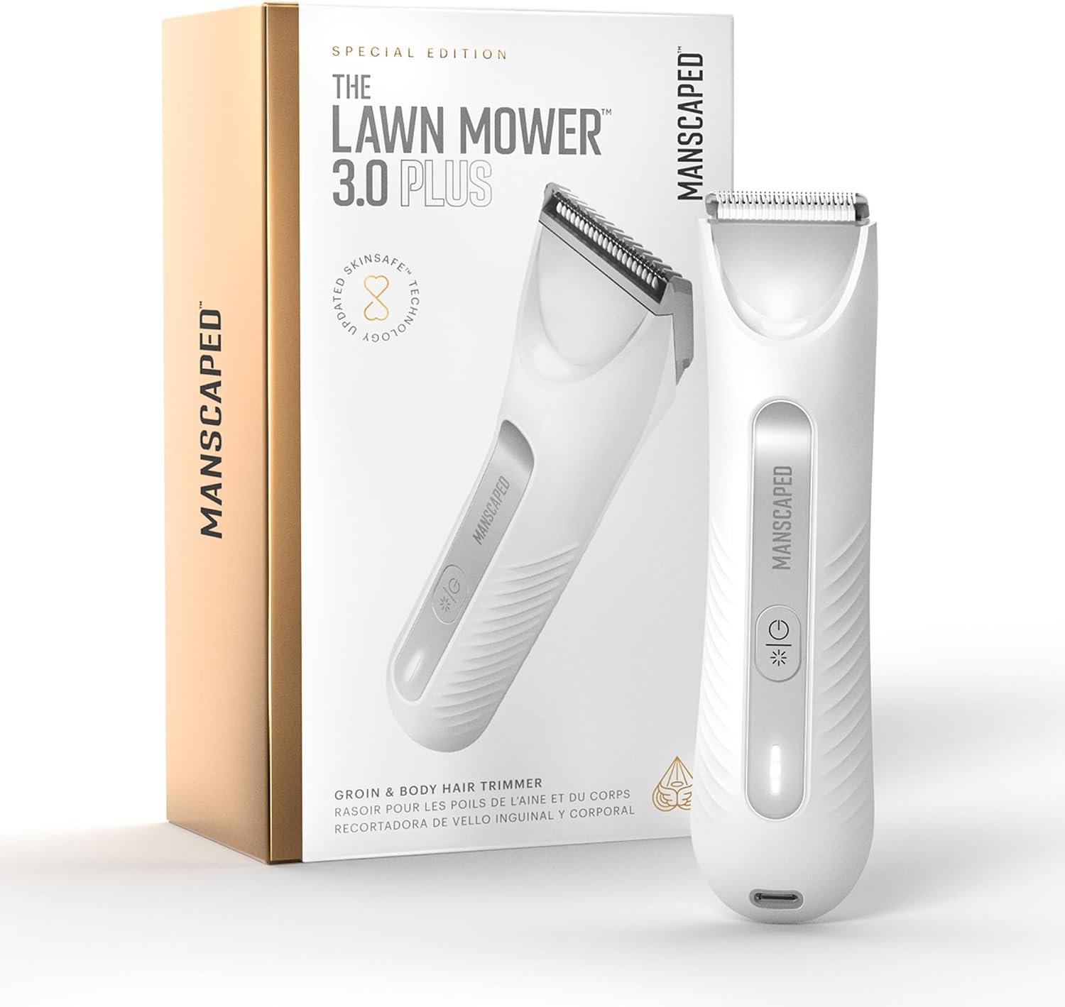 MANSCAPED® The Lawn Mower® 3.0 Plus – Groin, Body & Bikini Hair Trimmer, Updated SkinSafe® Trimmer Blade, Waterproof Wet/Dry Groomer, USB-C Rechargeable, Men’s & Women’s Wireless Shaver, White Hot