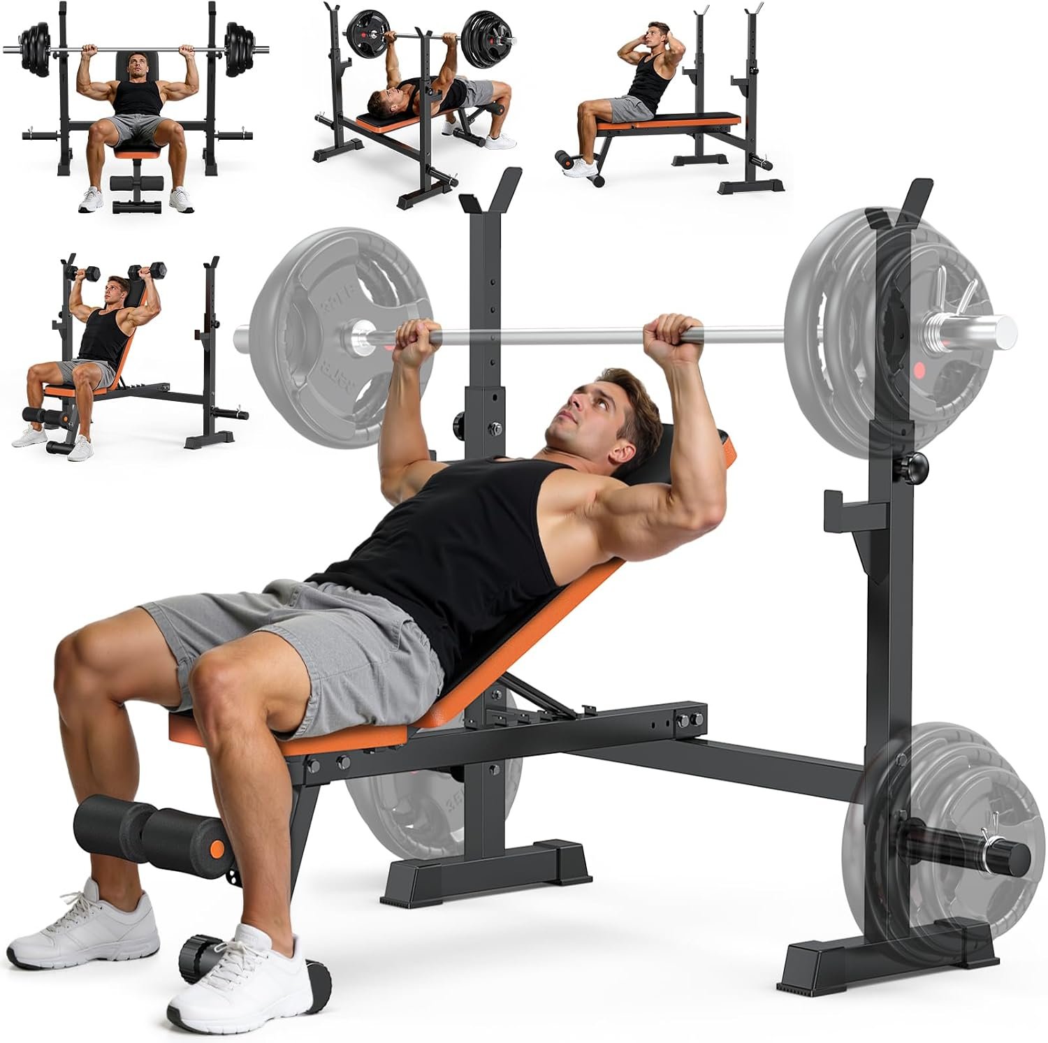 Fostoy Adjustable Weight Bench with Squat Rack & Incline Design | 770LB Heavy Duty, Flat & Incline Positions, Removable Foot Catch, Olympic Bench Press Station, Home Gym Strength Training