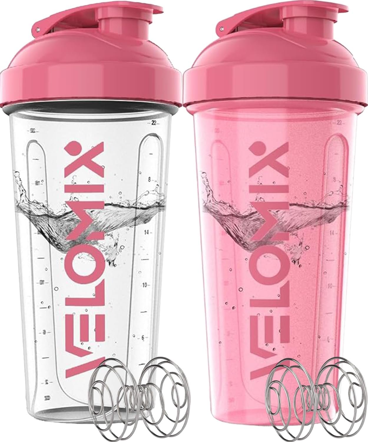 VELOMIX 2 Pack 28oz Protein Shaker Bottle, Pink/Transparent | 2x Wire Whisk, Leak Proof Shaker Cups for Protein Shakes, Stackable, Dishwasher safe, BPA free, Pre Workout and Fitness ready