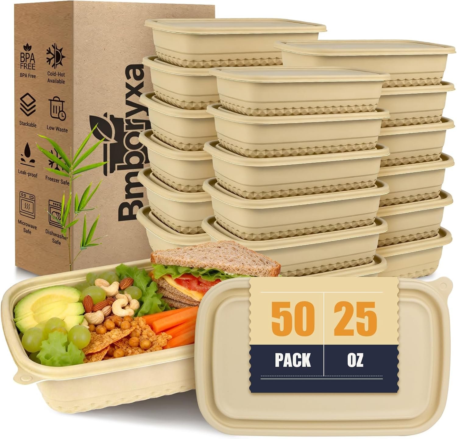 50Pack Meal Prep Containers Reusable with Lids, 25oz Bamboo-Powder Food Containers for Lunch Portion Control To Go Takeout Party Supplies, Safe for Microwave Freezer Dishwasher