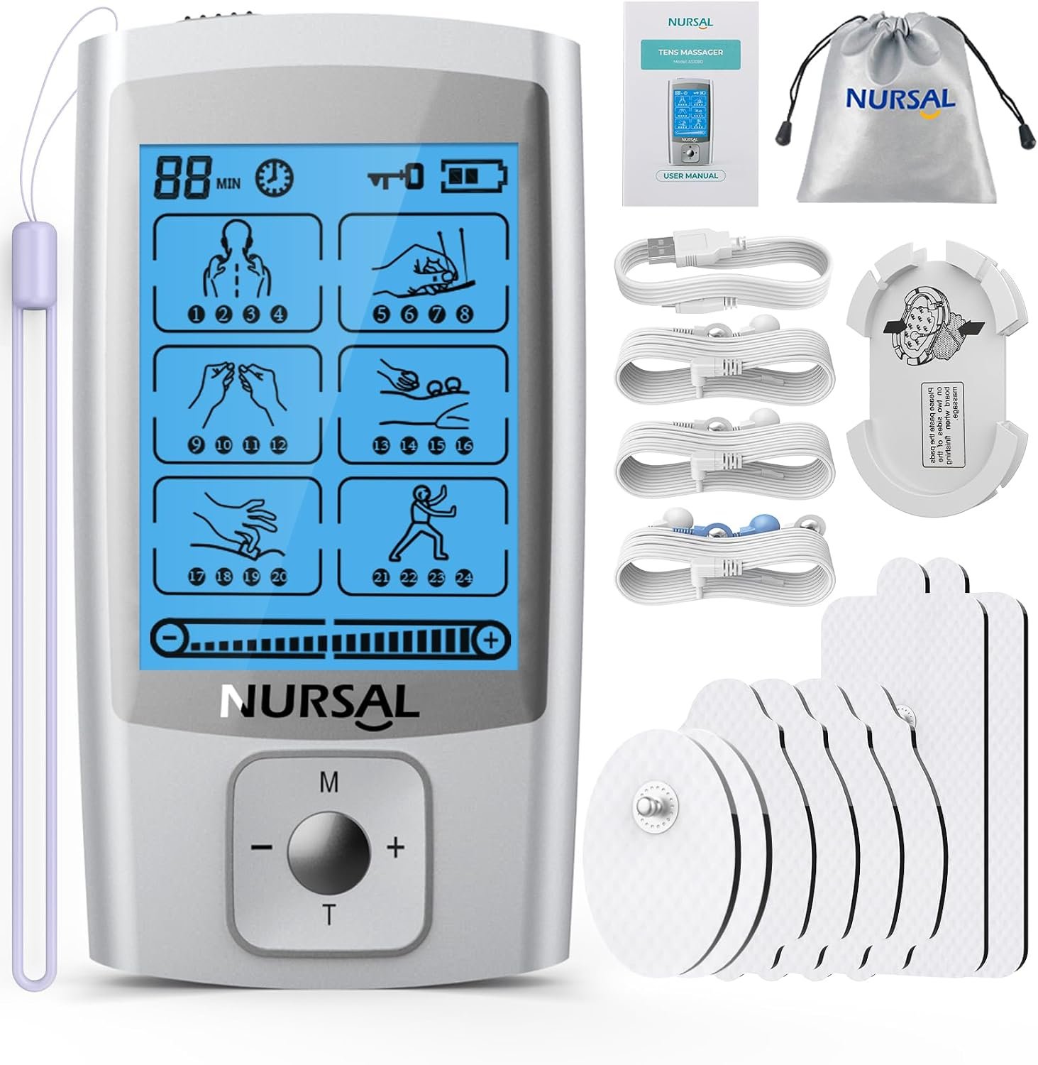 NURSAL 24 Modes TENS Unit Muscle Stimulator for Pain Relief, Rechargeable Electronic Pulse Massager, 8 Pcs Pads, Drug-Free Pain Relief for Shoulder, Back, Muscle, ABS Pads Holder