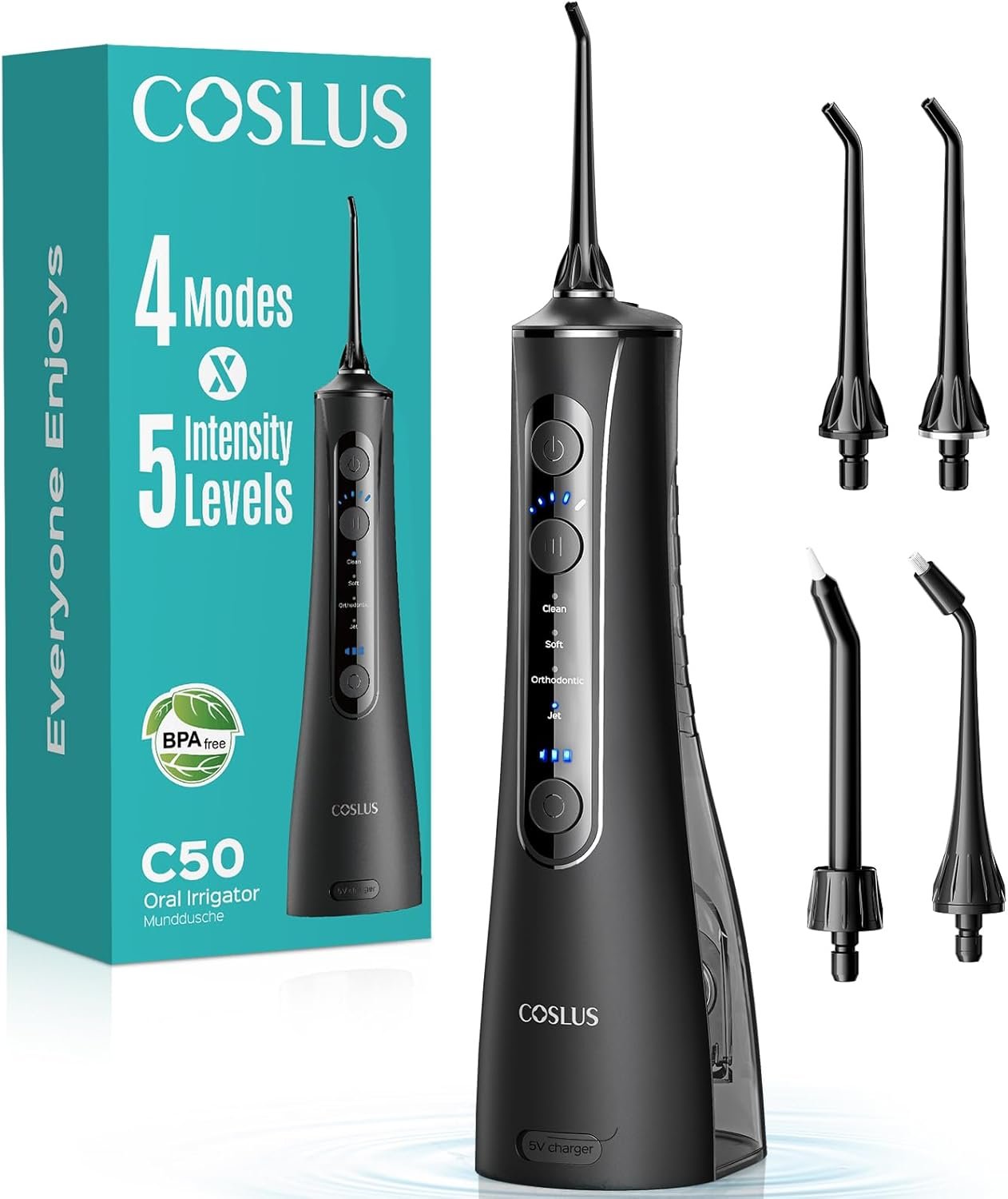 COSLUS ADA Accepted C50 Water Dental Flosser, 4 Modes 5 Intensity Levels | Professional Water Teeth Pick for Braces, Orthodontics & Sensitive Gums, Compact Cordless for Family Home Travel, Black