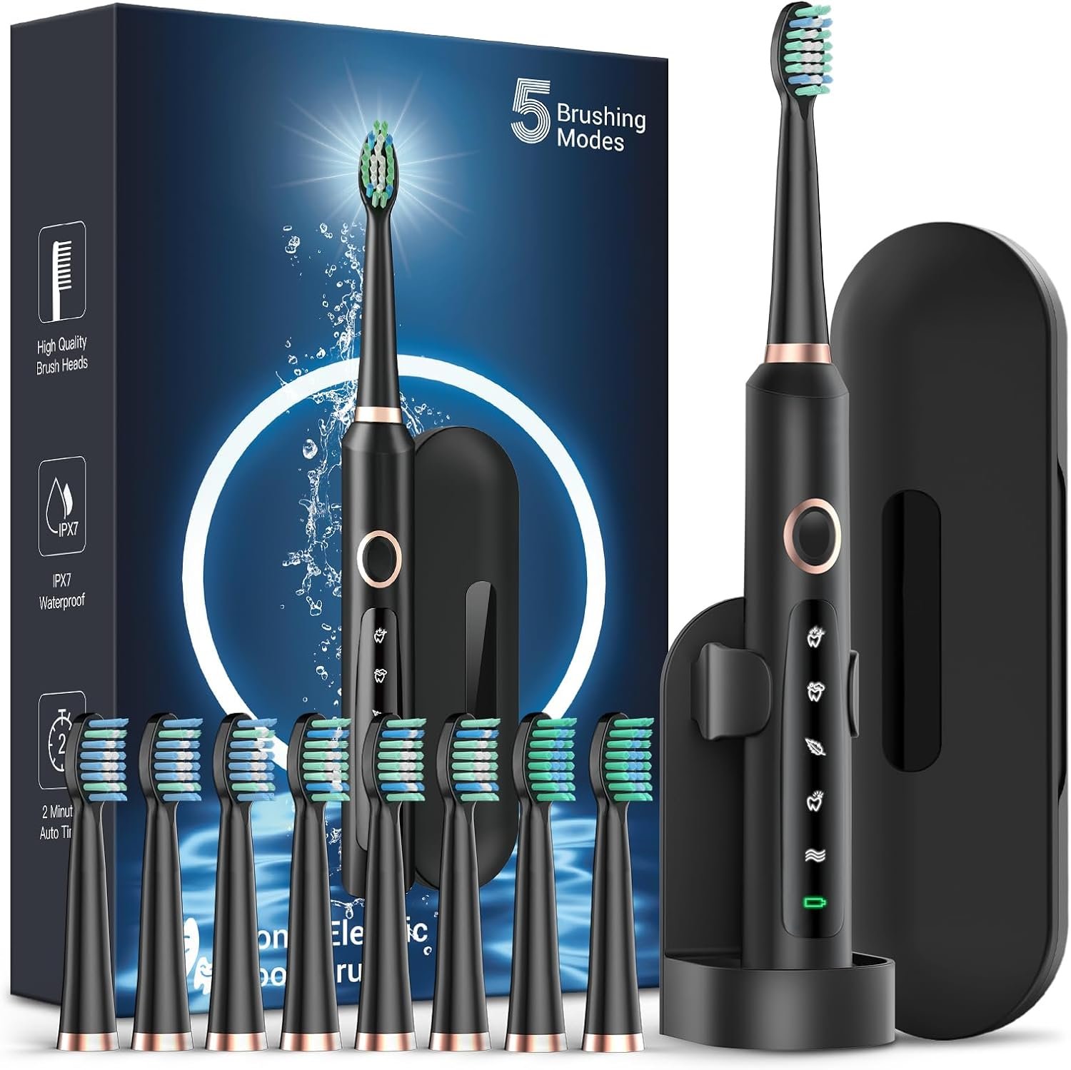 Rtauys M5 Electric Toothbrush for Adults – Sonic Electric Toothbrush for Kids and Adults with 8 Brush Heads & Travel Case, 120 Days Battery Life – Black
