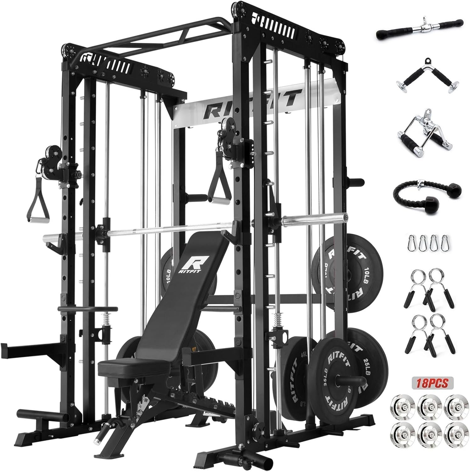 RitFit M1 Pro Smith Machine Cable Crossover Power Cage Home Gym | Dual 360 Cables, Barbell & Handles, LAT Pulldown, 1850LBS Weight Capacity