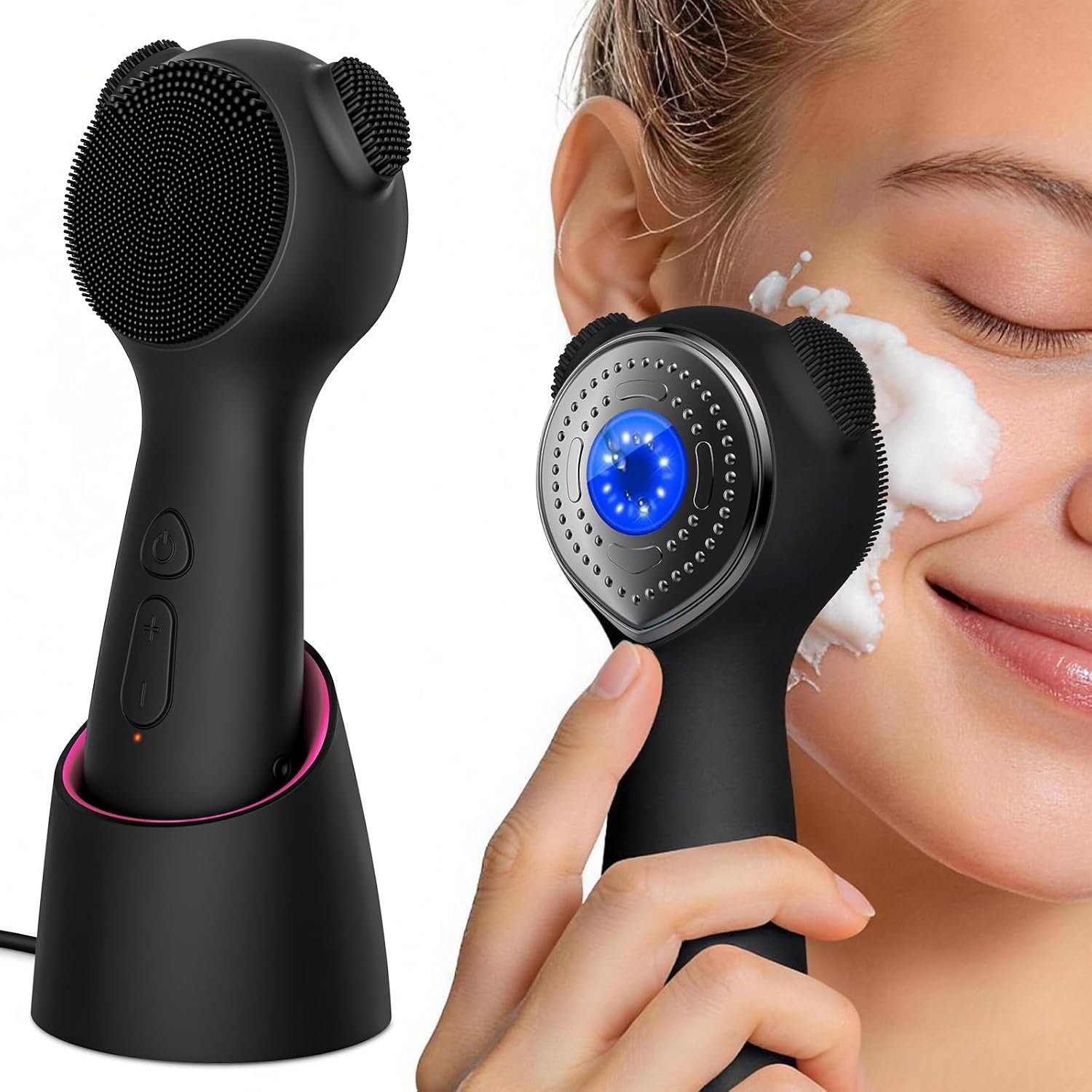 Electric Face Scrubber Exfoliator, Rechargeable Silicone Facial Cleansing Brush with Heat Massage Tip, Vibrating Face Scrubber for Deep Cleaning, Waterproof Face Brush for Men and Women (Deep Black)
