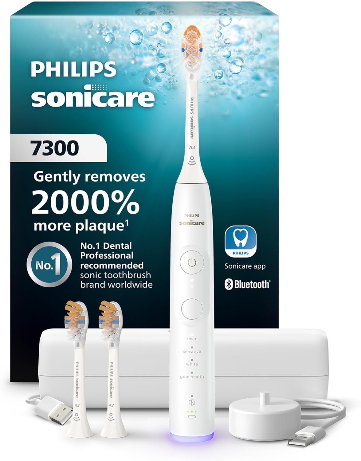 Philips Sonicare 7300 Rechargeable Electric Toothbrush, 3 Brush Head, White | 2000% More Plaque Removal¹, Visual Pressure Sensor, 12 Brush Settings, App Connected, 21-Day Battery, Travel Case, HX7420/07