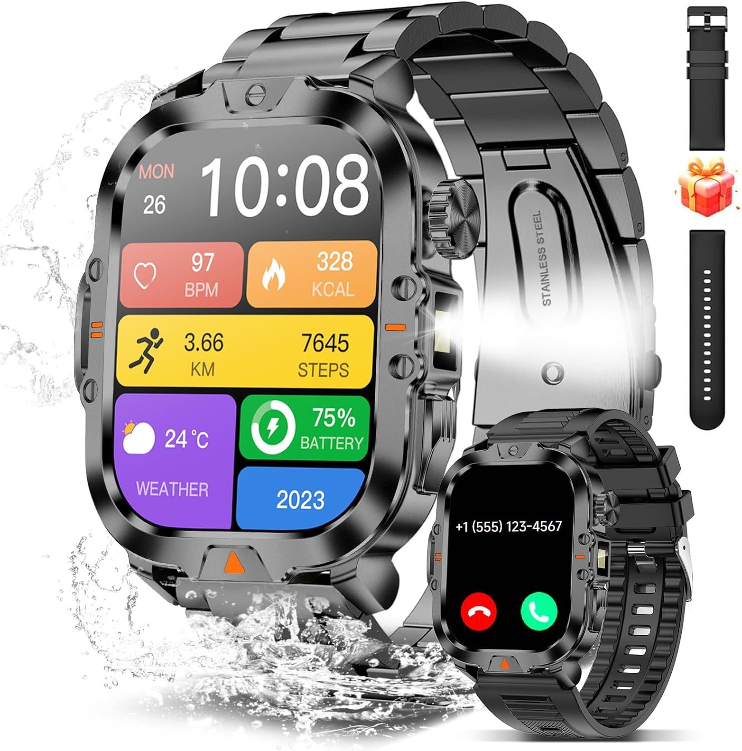 Smart Watch for Men Military Answer/Make Call 2.01″ Display 170+ Sports Modes Fitness Smart Watch IP68 Waterproof 30 Days Standby Smartwatch for Android iOS Black (2 Straps) | 170+ Sports Modes IP68 Waterproof 30 Days Standby Smartwatch for Android iOS Black (2 Straps)