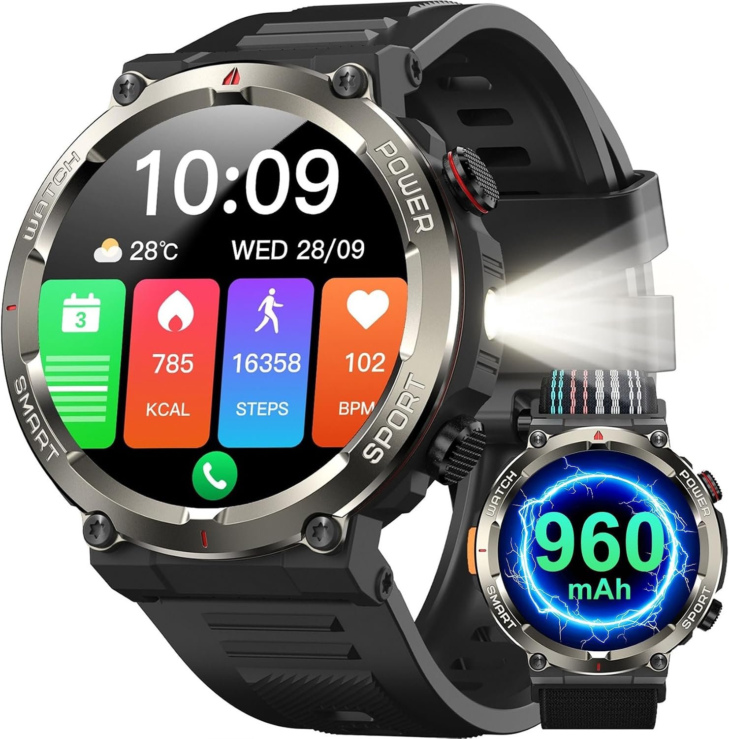 Military Tactical Smart Watches for Men, 1.45″ Smart Watch for Android and iPhone, Fitness Tracker Watch with Compass & Flashlight/30-Day Battery/IP68 Waterproof/Heart Rate/120+ Sport Modes(2 Straps)