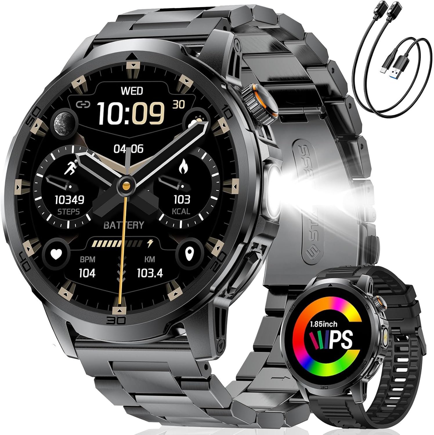 Military Smart Watch for Men Answer/Make Call, 1.85” HD Rugged Smartwatch with 1000mAh Battery/Flashlight/Heart Rate/110+ Sports Mode, IP68 Waterproof Fitness Tracker Watch for Android iPhone