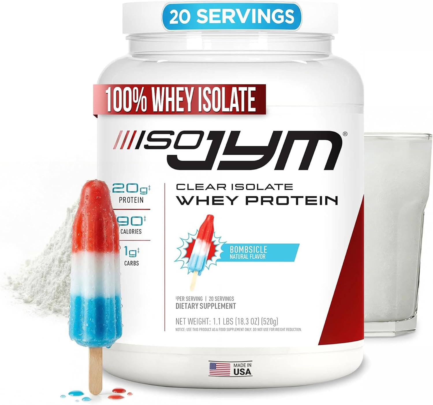 JYM Supplement Science Iso JYM Bombsicle, 90 Calories, 100% Whey Protein Isolate, Zero Fat, Zero Sugars, Mixes Clear, for Women & Men, 20 Servings | 100% Whey Protein Isolate, 90 Calories, Zero Fat & Sugar, Muscle Support, Contains Milk, 20 Servings