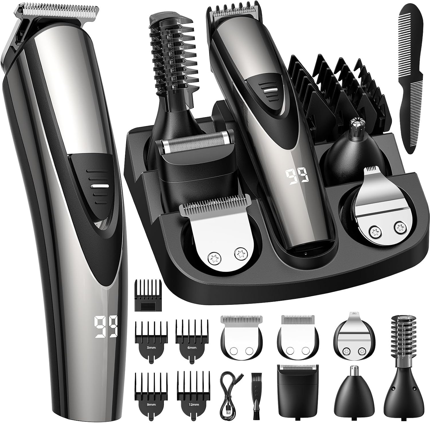 Beard Trimmer for Men: Professional Barber Hair Clippers – 12-in-1 Cordless Grooming Kit – Waterproof Electric Razor with Turbo Speed & Precision Blades