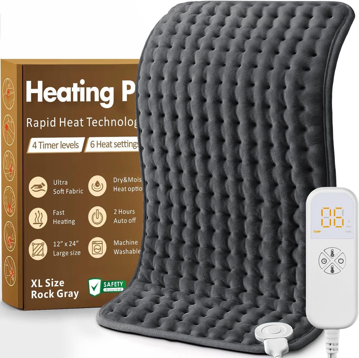 Heating Pad for Back, Neck & Shoulders, Soft Electric Heating Pad with Moist & Dry Heat, Auto-Off, Machine Washable, Birthday Gifts for Women Wife Mom Her (Rock Gray, 12″x24″)