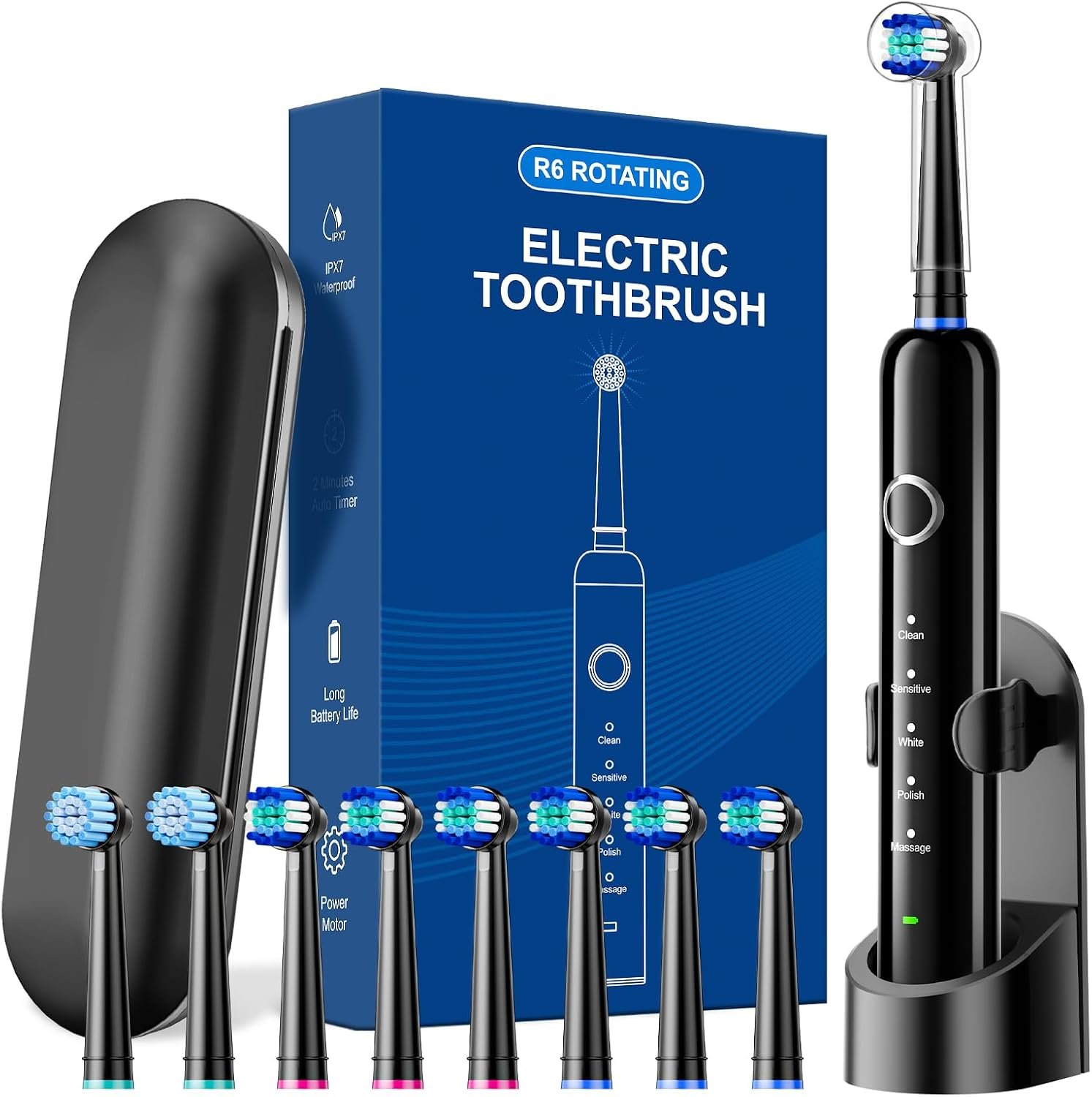 Rotating Electric Toothbrush for Adults, 8 Brush Heads (2 Types) & Travel Case, 5 Cleaning Modes Rechargeable Power Toothbrush with 2-Minute Smart Timer, Black