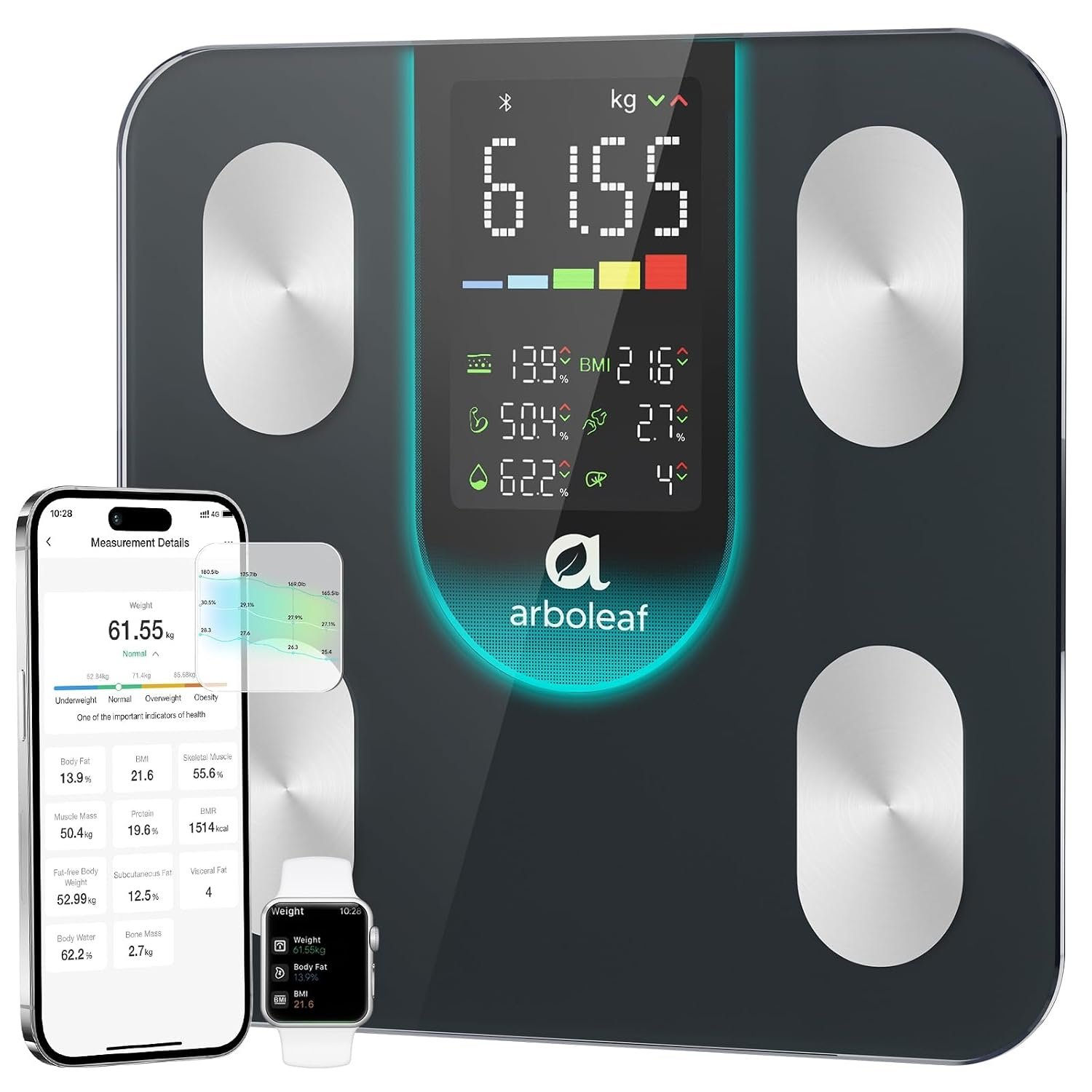 Arboleaf Smart Scale for Body Weight and Fat, 14 Metrics in App, Black | High-Precision Digital Bathroom Scale with 4-Electrode BIA for BMI Body Fat Muscle Mass, 7-in-1 Display Trend Tracking,11×11″