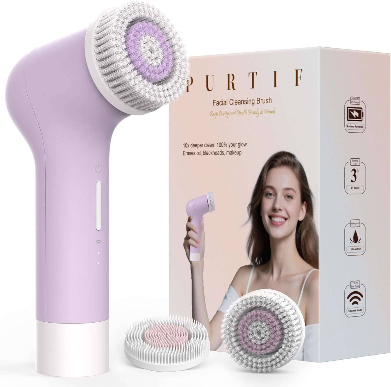 Electric Facial Cleansing Brush, Rechargeable Silicone Face Scrubber Exfoliator with Patented Dual-Ring Brush Heads, 3 Rotating Speeds, Non-Vibration Exfoliator Brush, for Women & Men Skincare