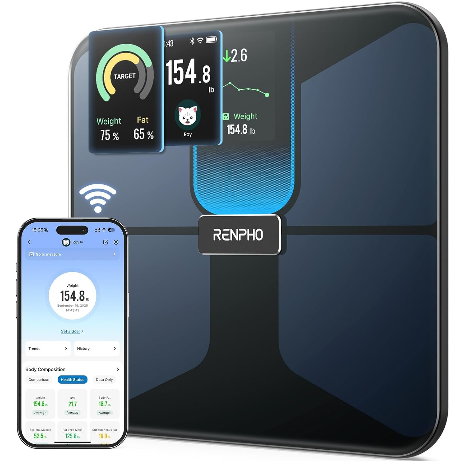 RENPHO Elis Evo Smart Scale, Wi-Fi & Bluetooth, Rechargeable, Body Fat | Weighing Scale for BMI, Muscle Mass, Body Weight, 13 Body Composition Metrics, Syncs with Fitness Apps, High Accuracy