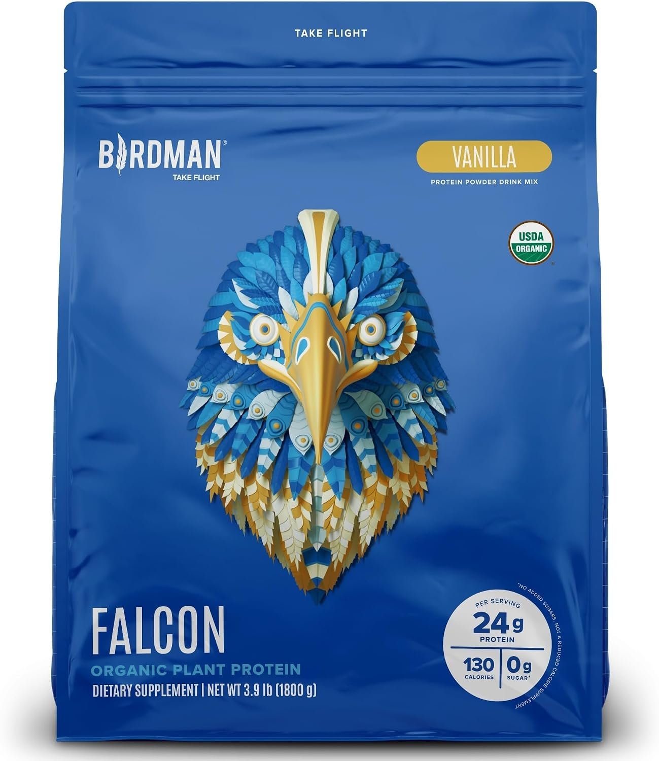 BIRDMAN Falcon Vegan Protein Powder Organic, Stevia & Sugar Free, Plant Based Protein, Low Carb, Dairy Free, Keto, Non Whey Protein, Probiotic, Pea Protein | Vanilla Flavor – 60 Servings – 3.9 lb