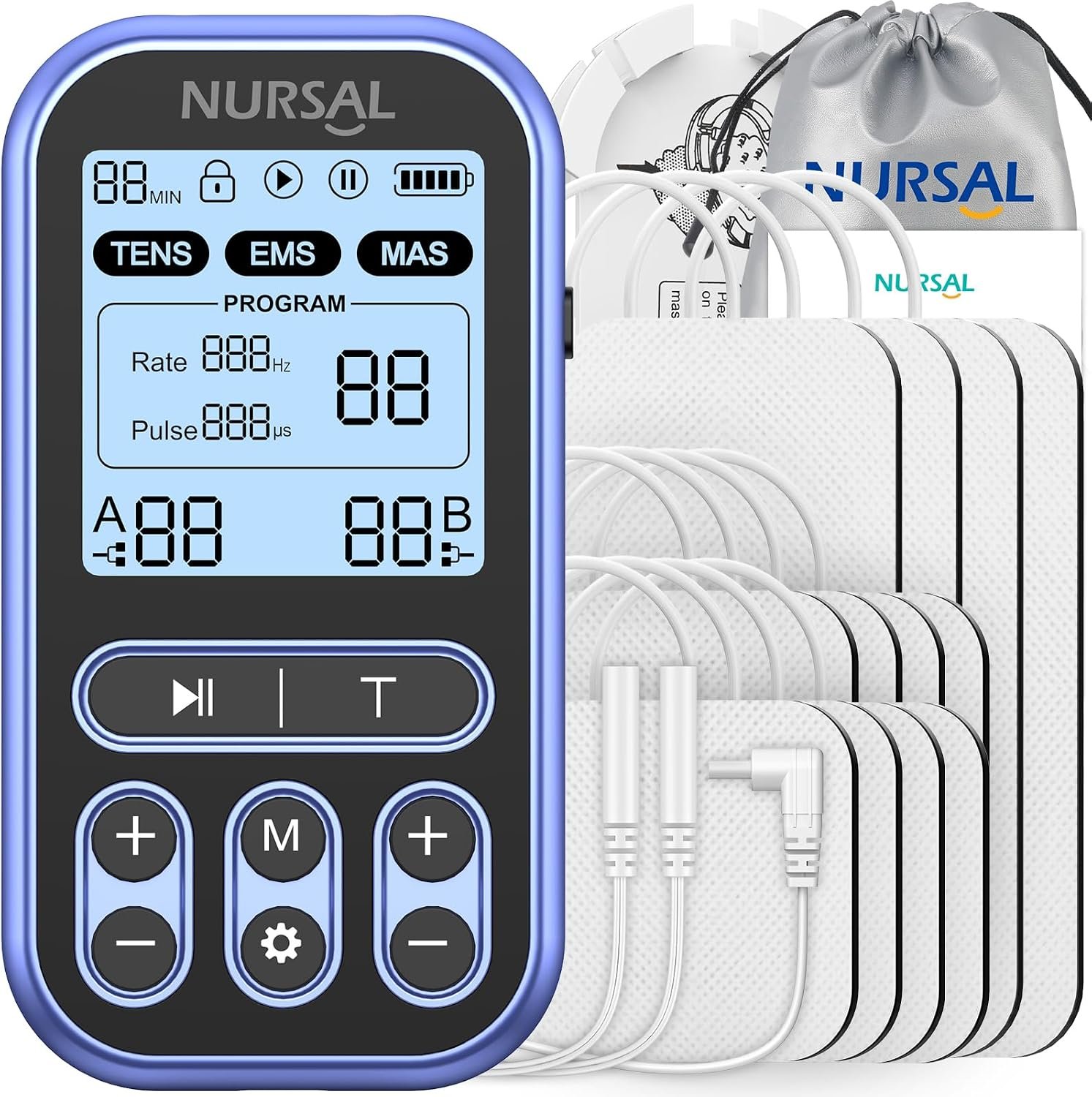 NURSAL 60 Modes TENS Unit Muscle Stimulator for Pain Relief Therapy, 3-in-1 Dual Channel EMS Muscle Stimulator for Back, Shoulder, Neck, Knee, Sciatica, Rechargeable TENS Machine with 12 TENS Pads