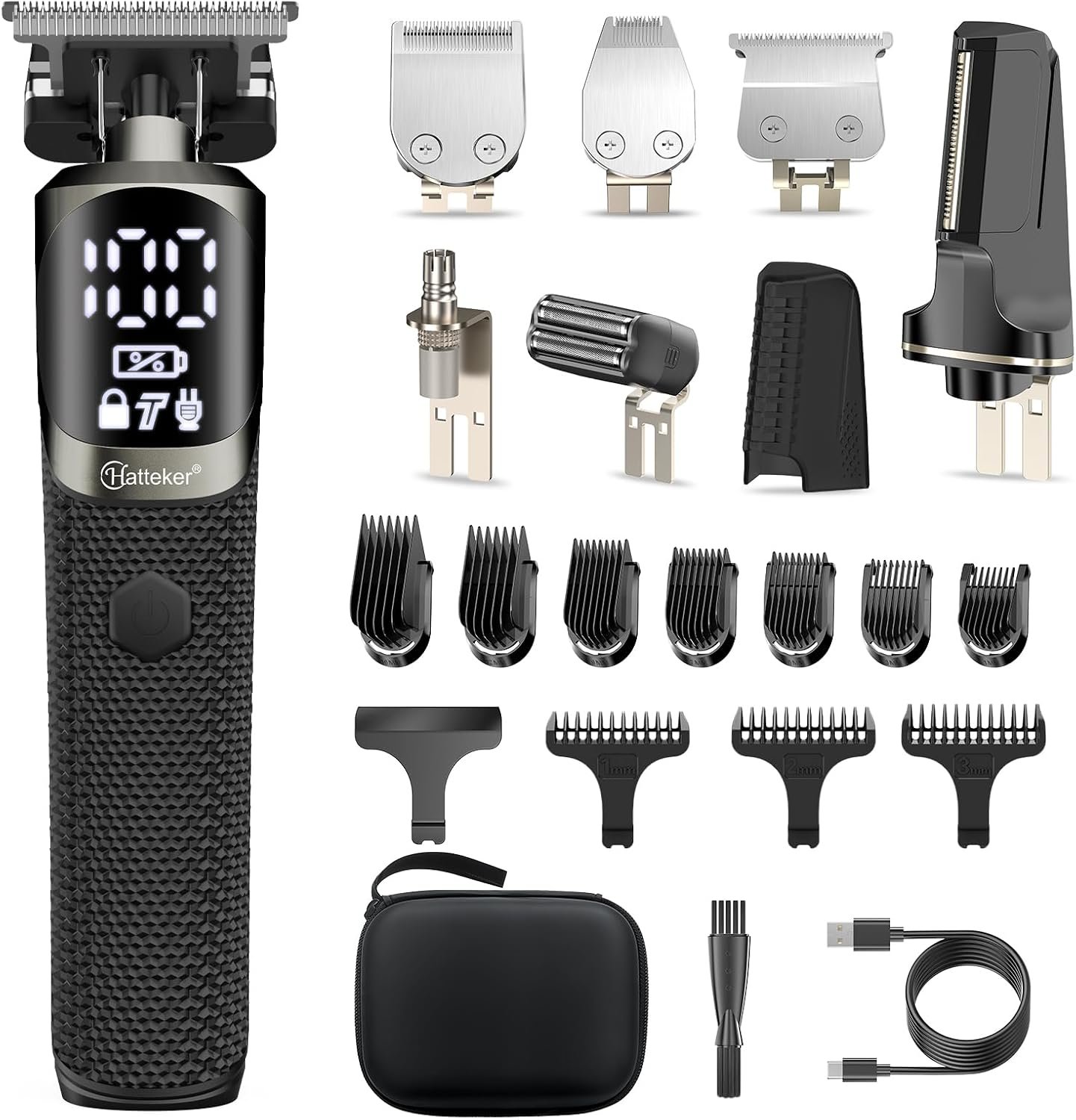 Hatteker 6-in-1 Men’s Grooming Kit, IPX6 Waterproof Electric Beard Trimmer, Cordless Hair Clipper for Beard, Nose, Ear & Body Grooming, Stainless Steel Blade with LED Display, Type-C Charging