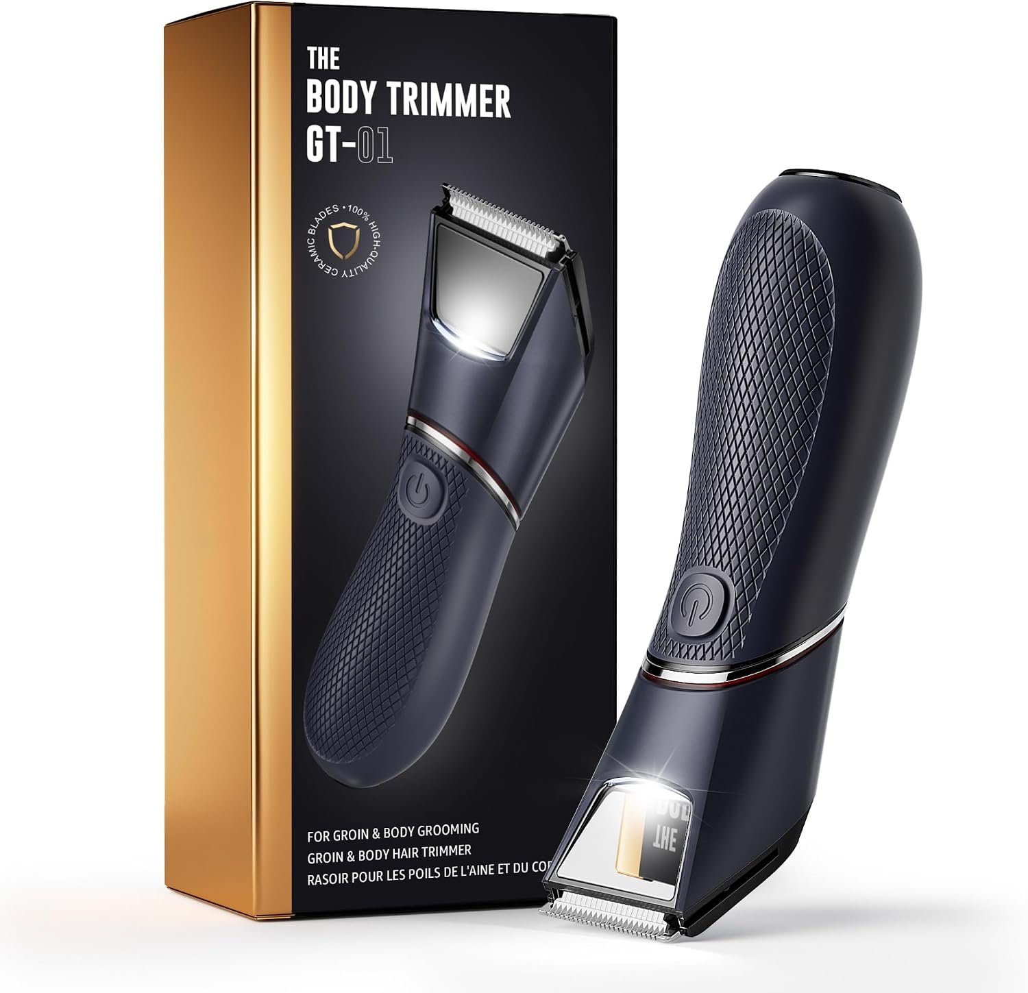 Body Hair Trimmer for Men: Mirror & LED Light, IPX7 Wet or Dry | Pubic Hair Ball Trimmer – Ceramic Blade, No Nicks, 1-Hr USB-C Charge, Body Groomer with Travel Lock for Groin/Legs/Chest