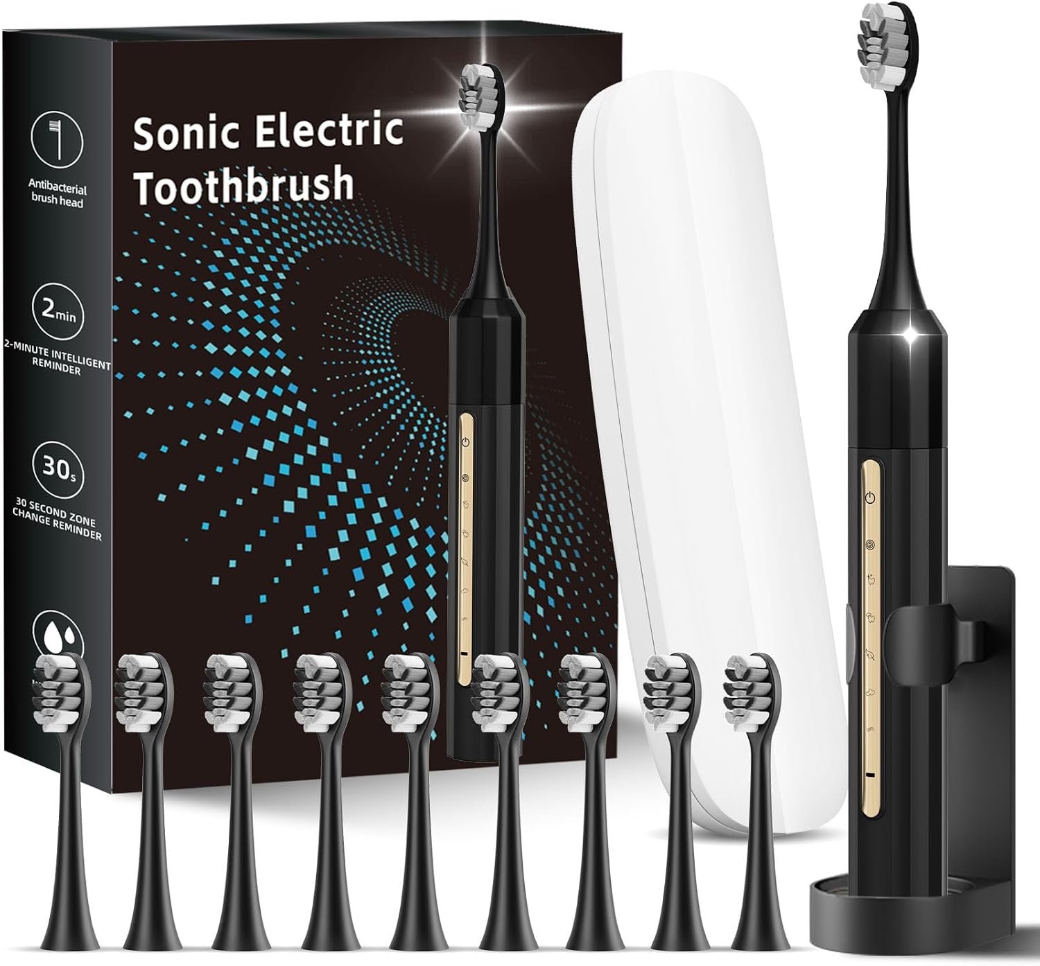 Sonic Electric Toothbrush with 10 Brush Heads for Adults and Children, Up to 90 Days on a Single Charge, 5 Modes, Built-in 2-Minute Smart Timer, IPX8 Waterproof Electric Toothbrush (Black)