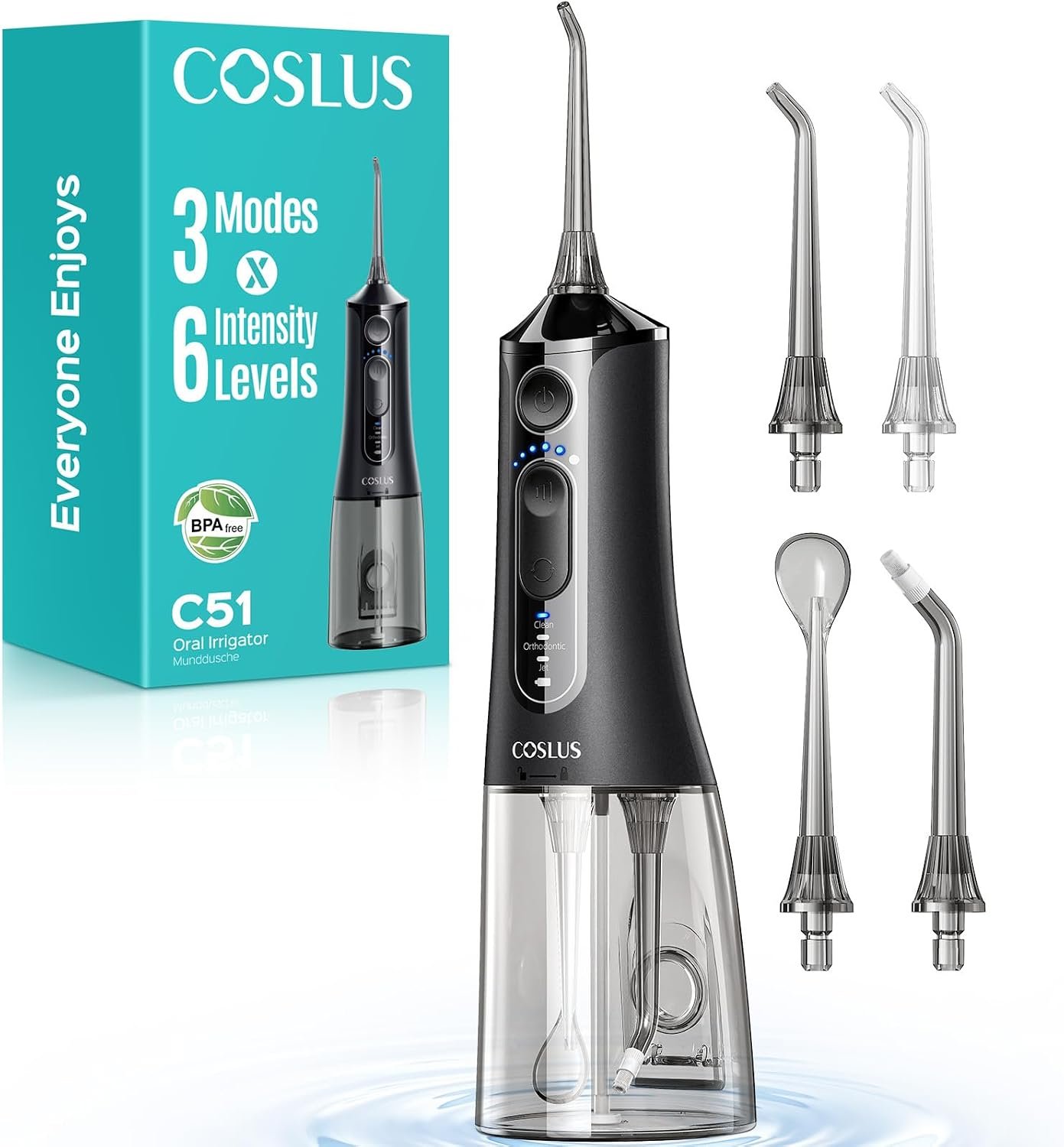 COSLUS ADA Accepted C51 Water Dental Flosser for Teeth, 3 Modes 6 Pressure | Water Dental Pick for Orthodontic, Braces, Sensitive Gums, Multiple Users, Compact for Travel Built-in Nozzle Storage, Black