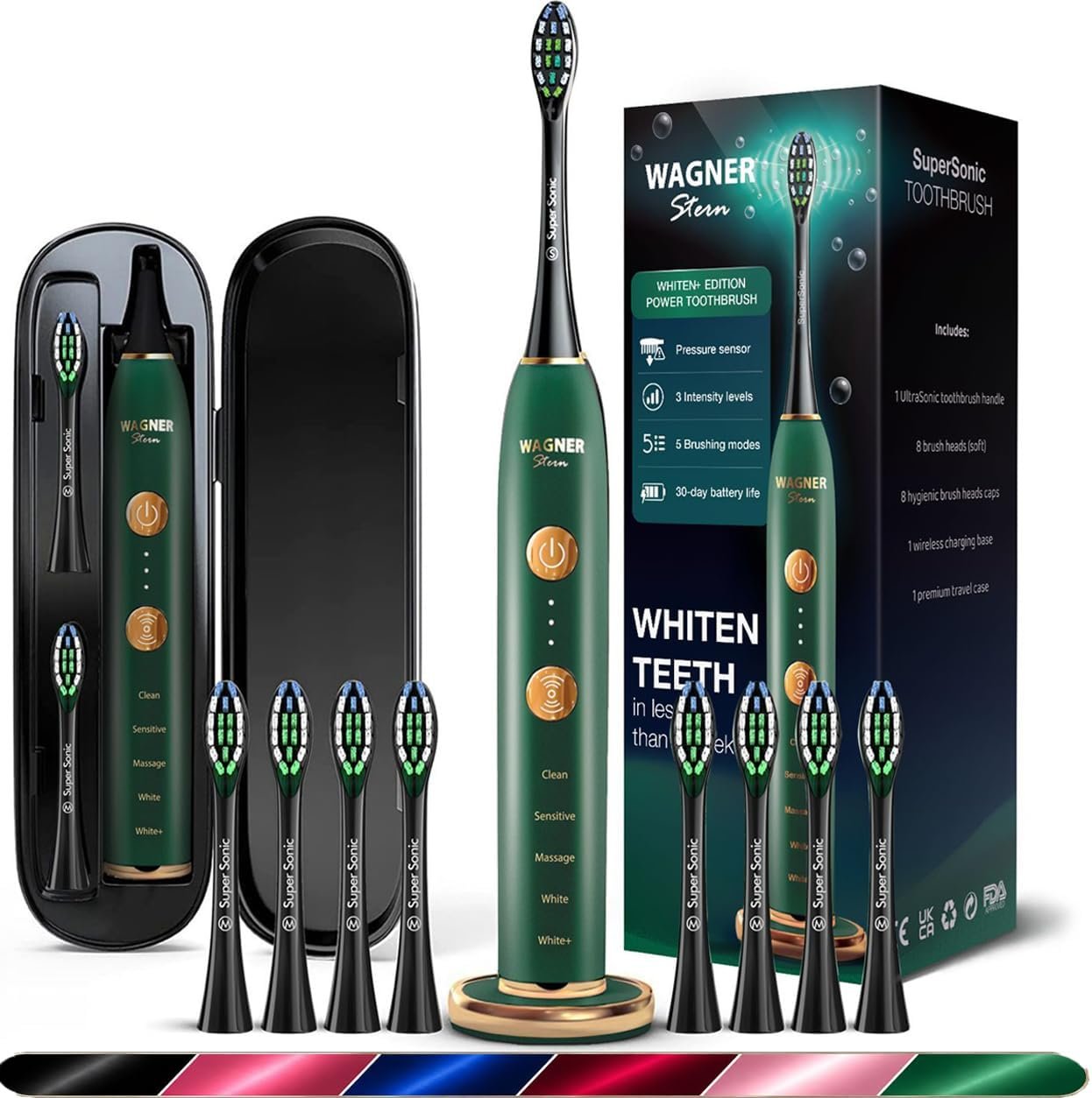 Wagner Stern WHITEN+ Electric Toothbrush, 48,000 VPM, Pressure Sensor, 5 Modes, 8 Brush Heads, Travel Case