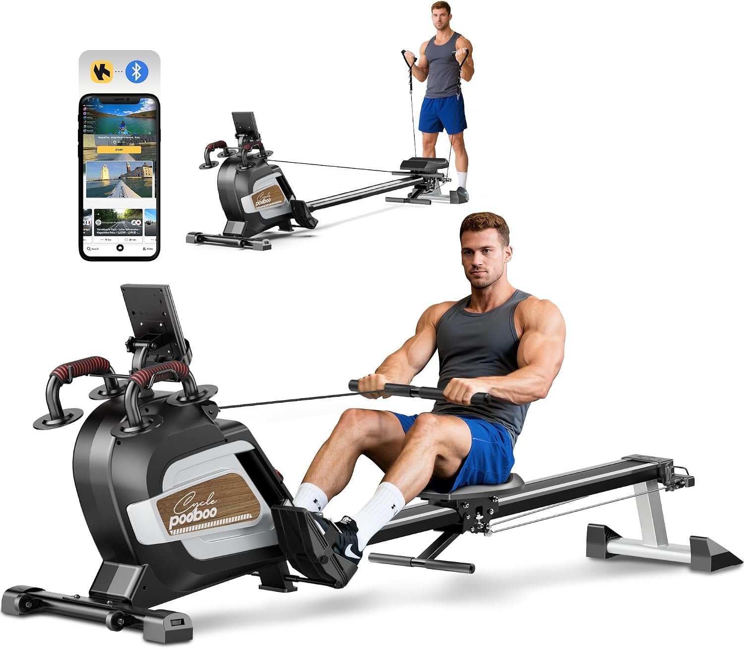pooboo Rowing Machine for Home, Foldable Magnetic Rowing Machine | 14 Levels Quiet Resistance, Rower Machine with 350 LB Weight Capacity, Comfortable Padded Seat, LCD Monitor, App Support