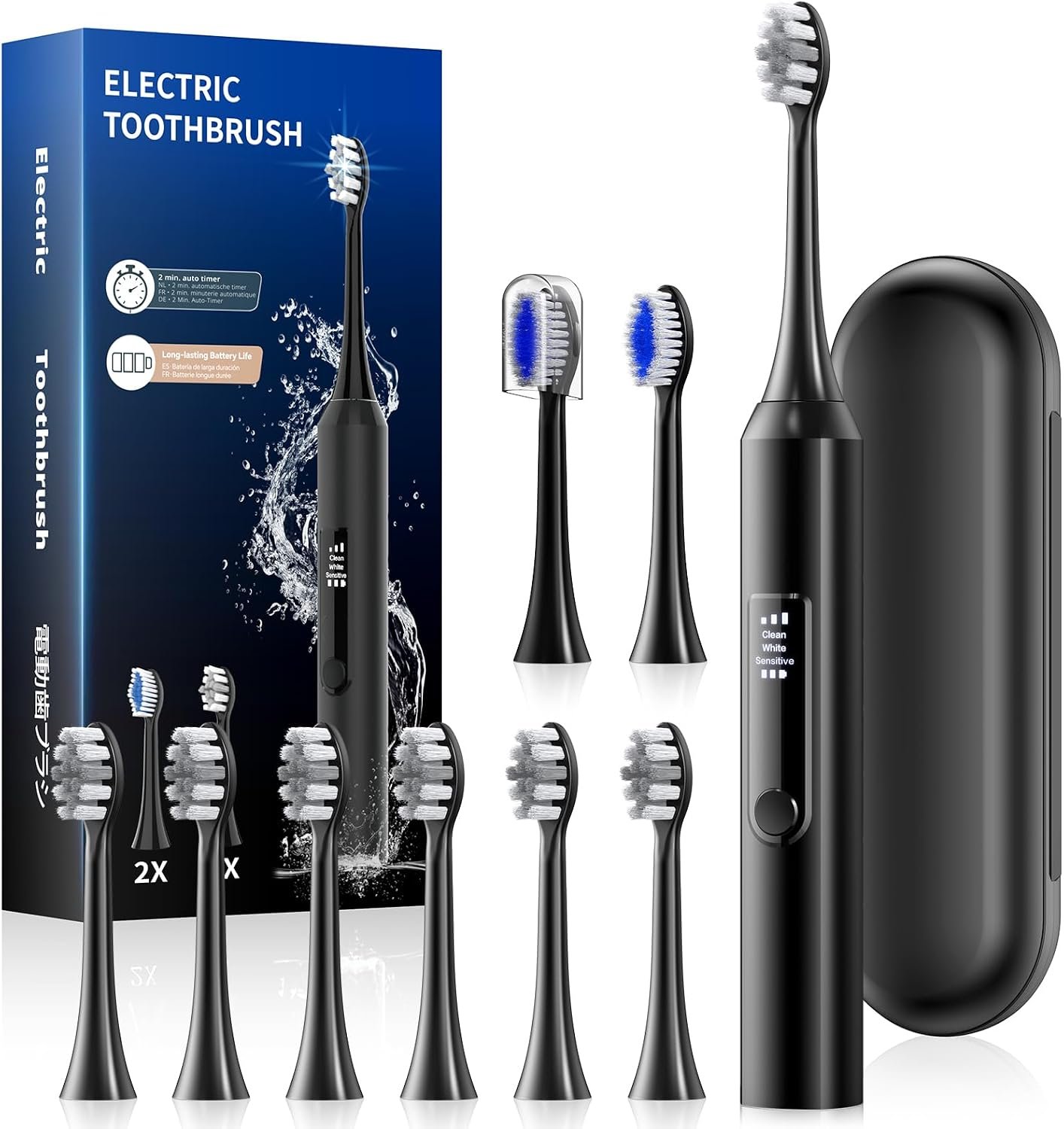 Electric Toothbrush for Adults, Sonic Rechargeable Power Toothbrush with 8 Brush Heads for 24 Months, 3 Modes & 3 Speeds, 2-Min Timer, Memory, IPX7 Waterproof, Type-C Travel Toothbrush, Black