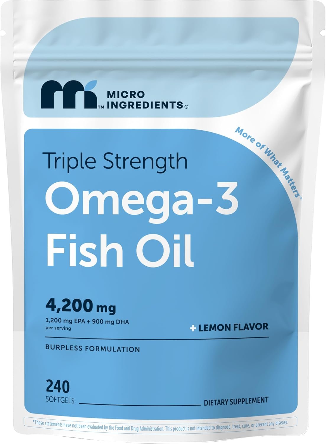 Micro Ingredients Triple Strength Omega-3 Fish Oil 4,200 mg Per Serving | EPA 1200mg + DHA 900mg Per Serving, Wild Caught Fish Source, Lemon-Flavored, 240 Softgels, Burpless, No Fishy Aftertaste.