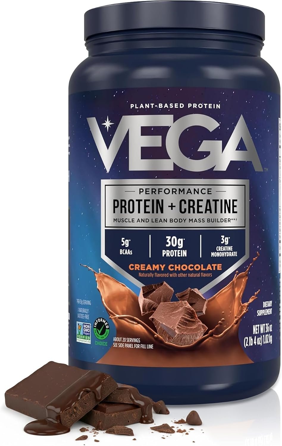 Vega Protein + Creatine – 30g Plant Based Protein Powder + 3g Creatine So You Bounce Back Faster – Low Carb Plant Protein Powder, Post Workout Vegan Shake – Chocolate, 20 Servings, 2.25 lb (Pack of 1)